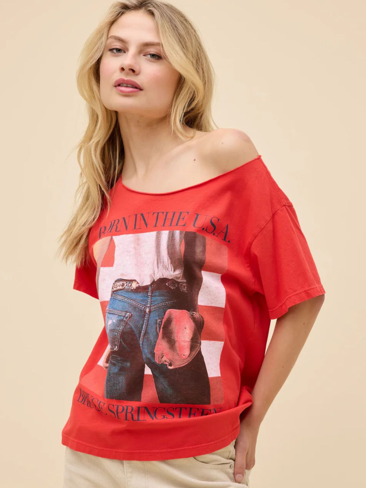 DAYDREAMER Bruce Springsteen Off The Shoulder Tee in Cherry Red