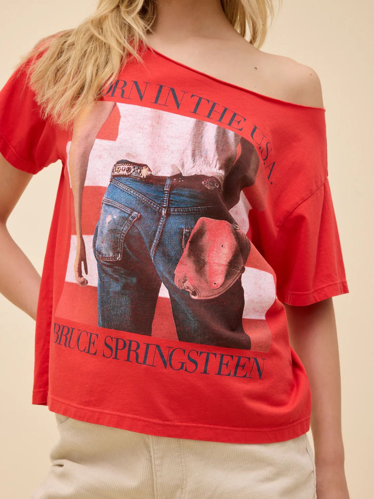 DAYDREAMER Bruce Springsteen Off The Shoulder Tee in Cherry Red