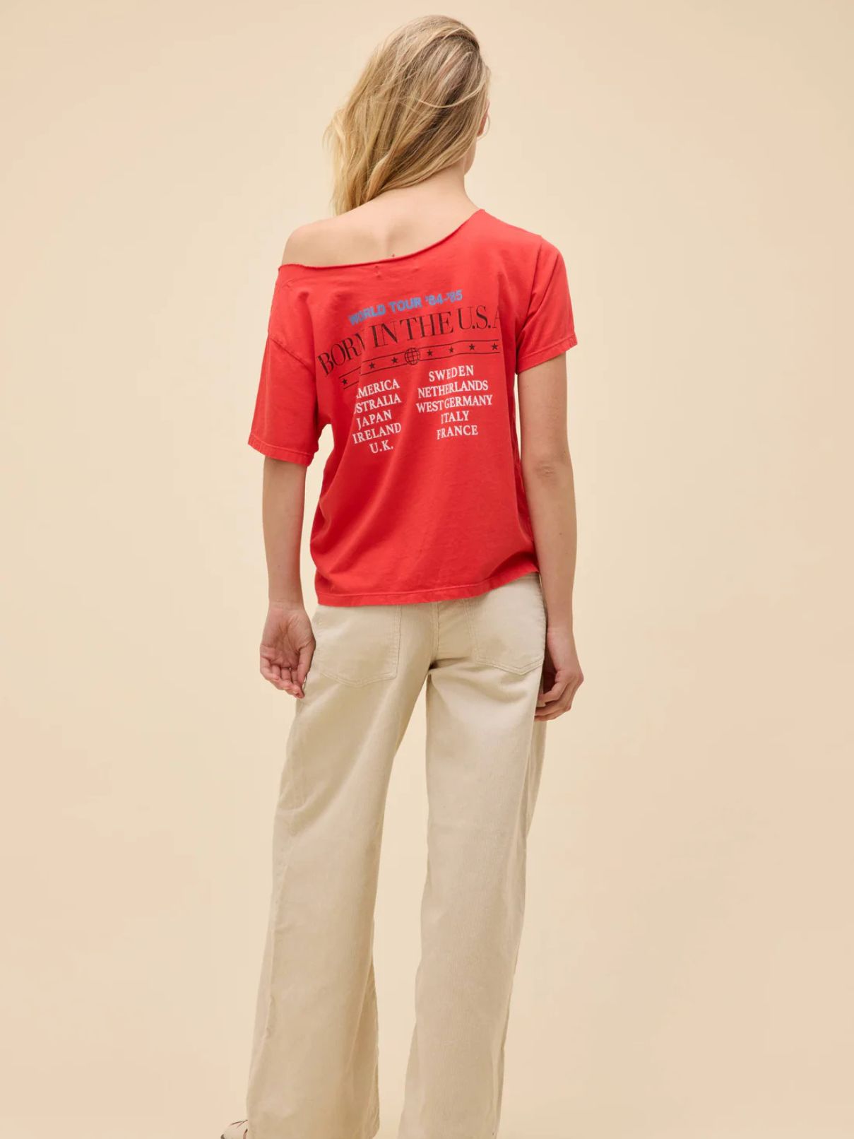 DAYDREAMER Bruce Springsteen Off The Shoulder Tee in Cherry Red