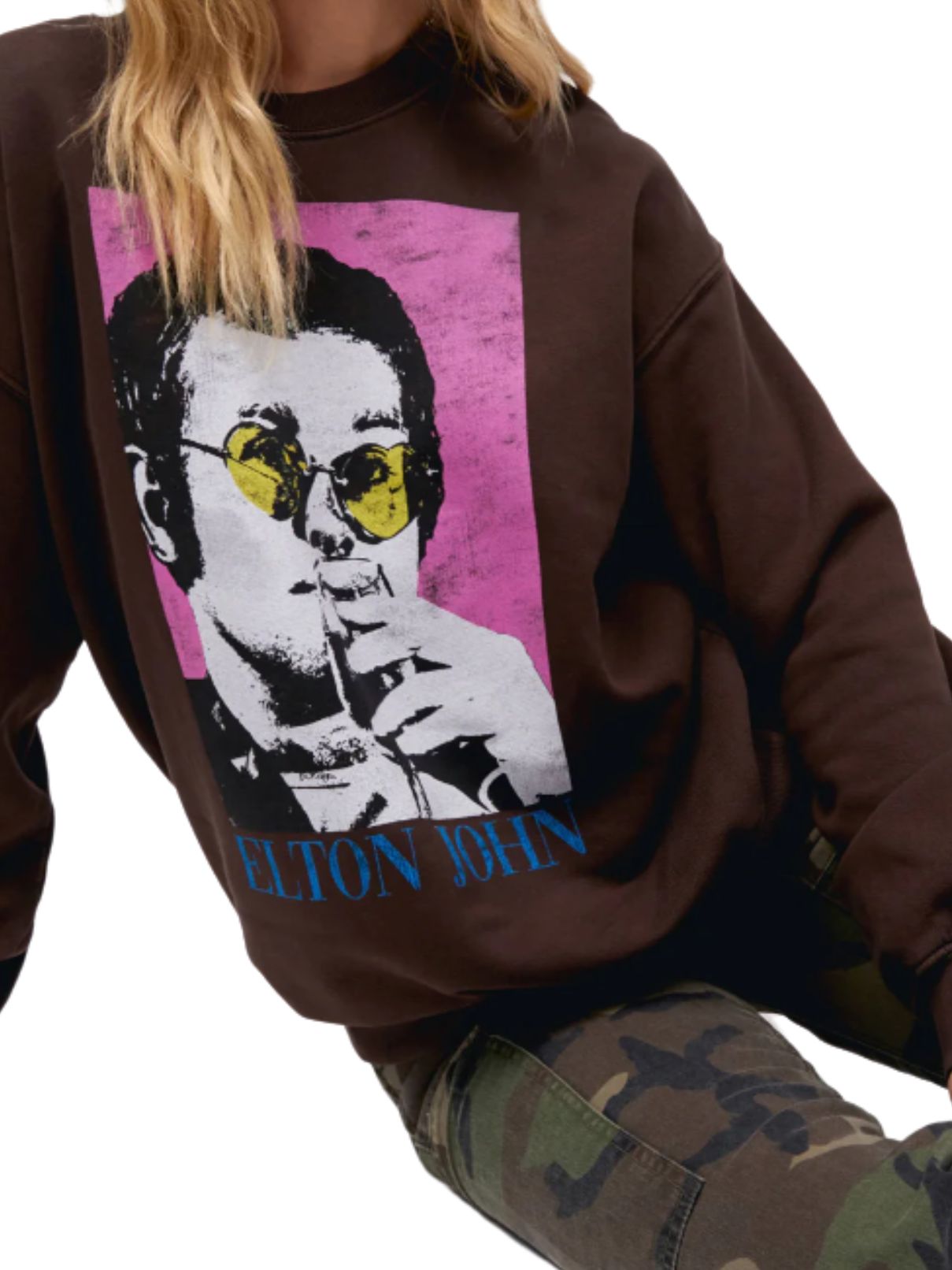 DAYDREAMER Elton John Heart Glasses Sweatshirt in Coffee