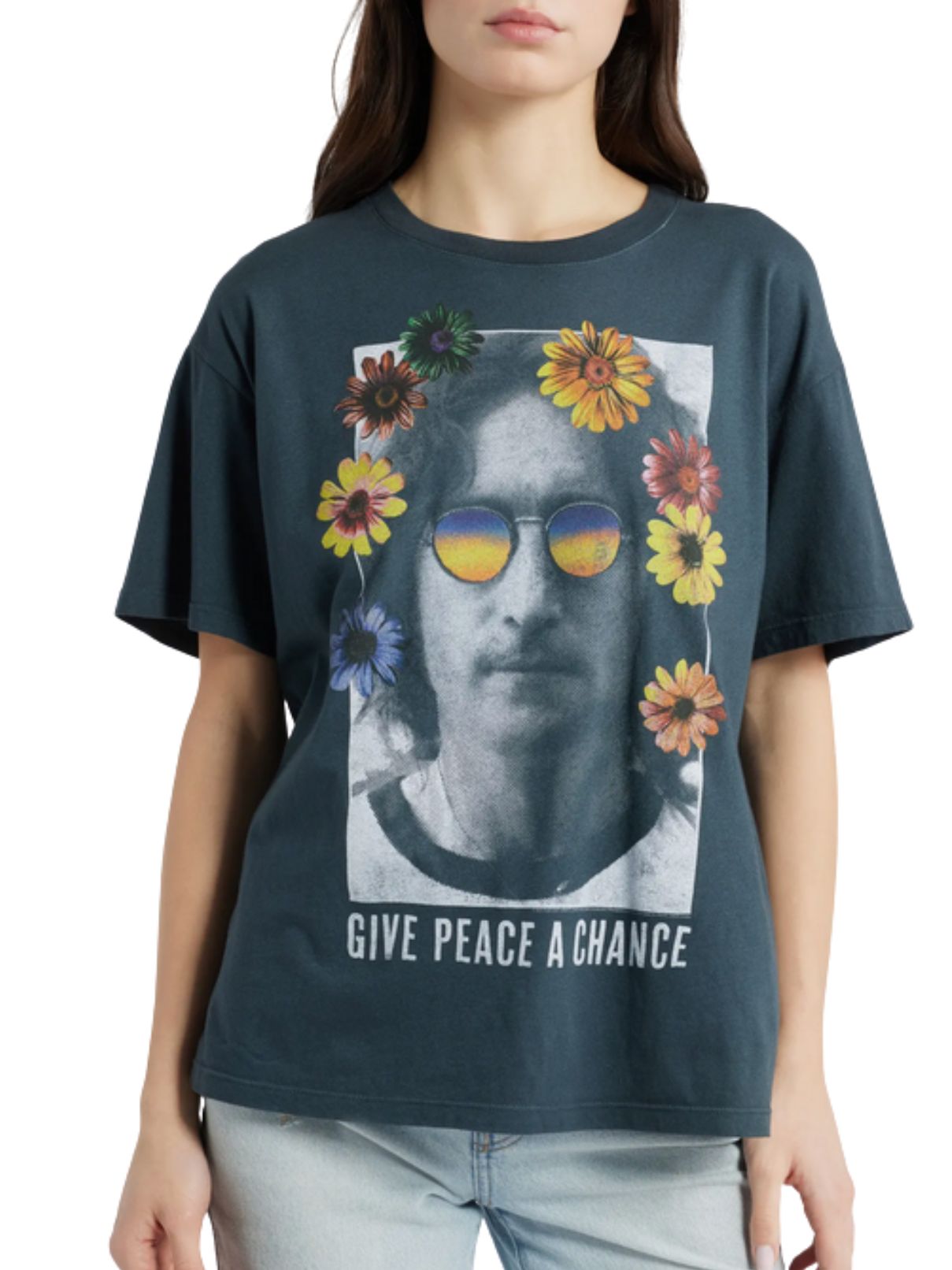 DAYDREAMER John Lennon Give Peace A Chance Boyfriend Tee in Vintage Black