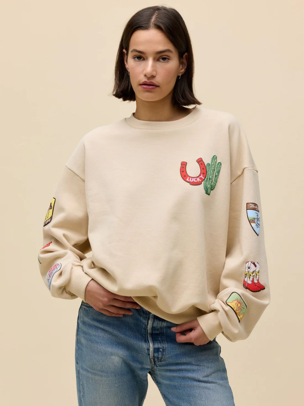DAYDREAMER Western Patches Oversized Sweatshirt in Sand