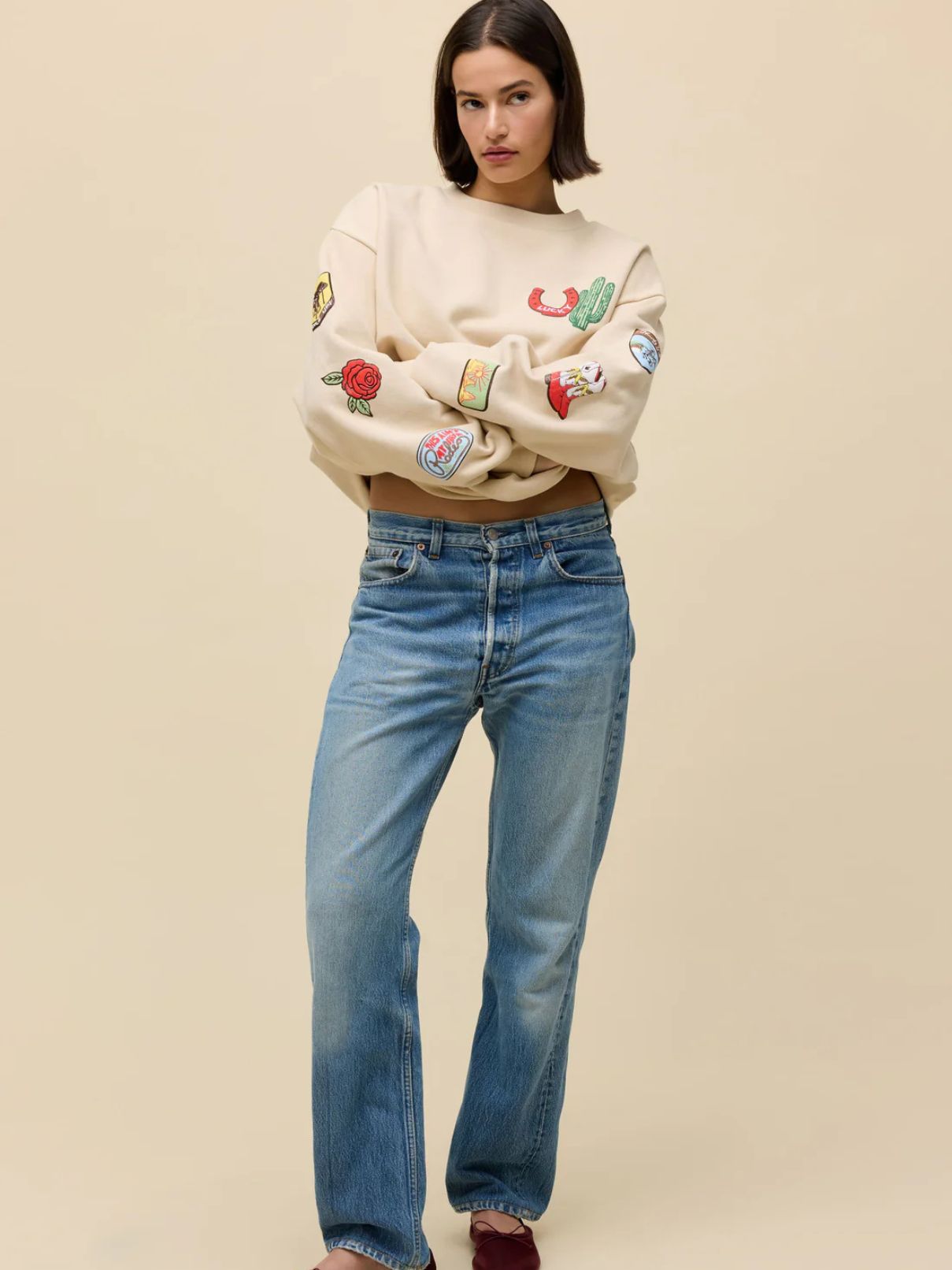 DAYDREAMER Western Patches Oversized Sweatshirt in Sand