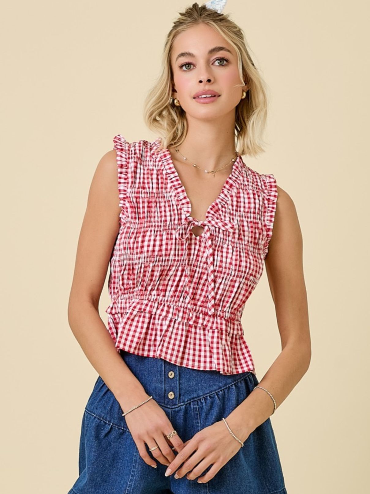 Day + Moon Gingham Tie Sleeveless Top in Red
