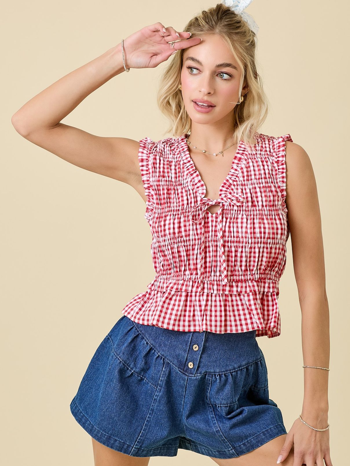 Day + Moon Gingham Tie Sleeveless Top in Red