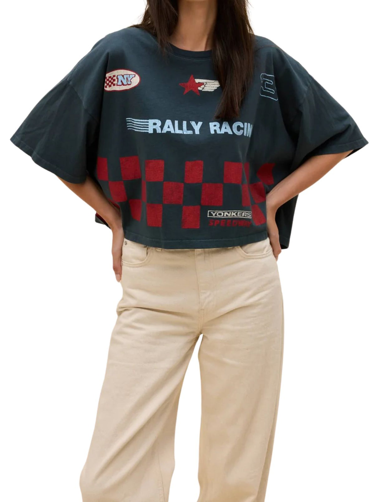 Daydreamer Yonkers Speedway Cropped Oversized Tee in Vintage Black