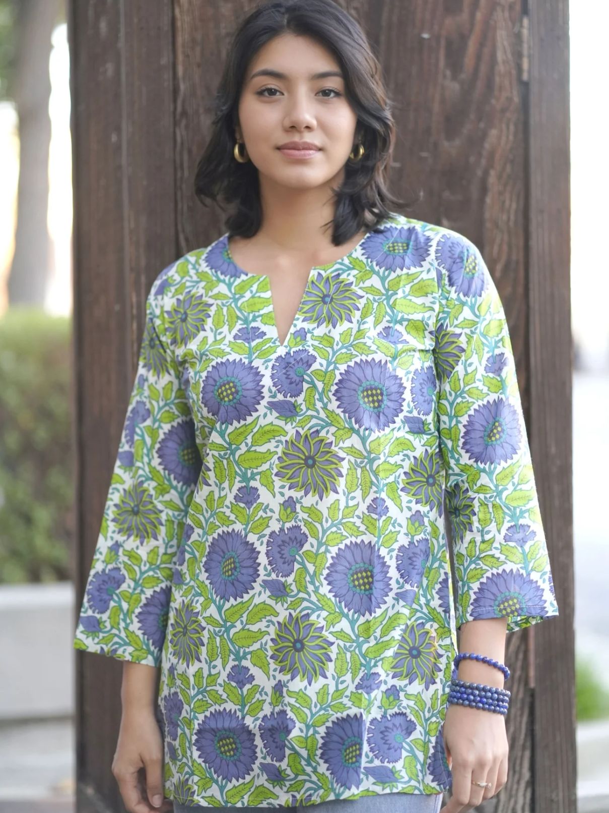 Dolma Hailey Floral Cotton Tunic in Green/Purple