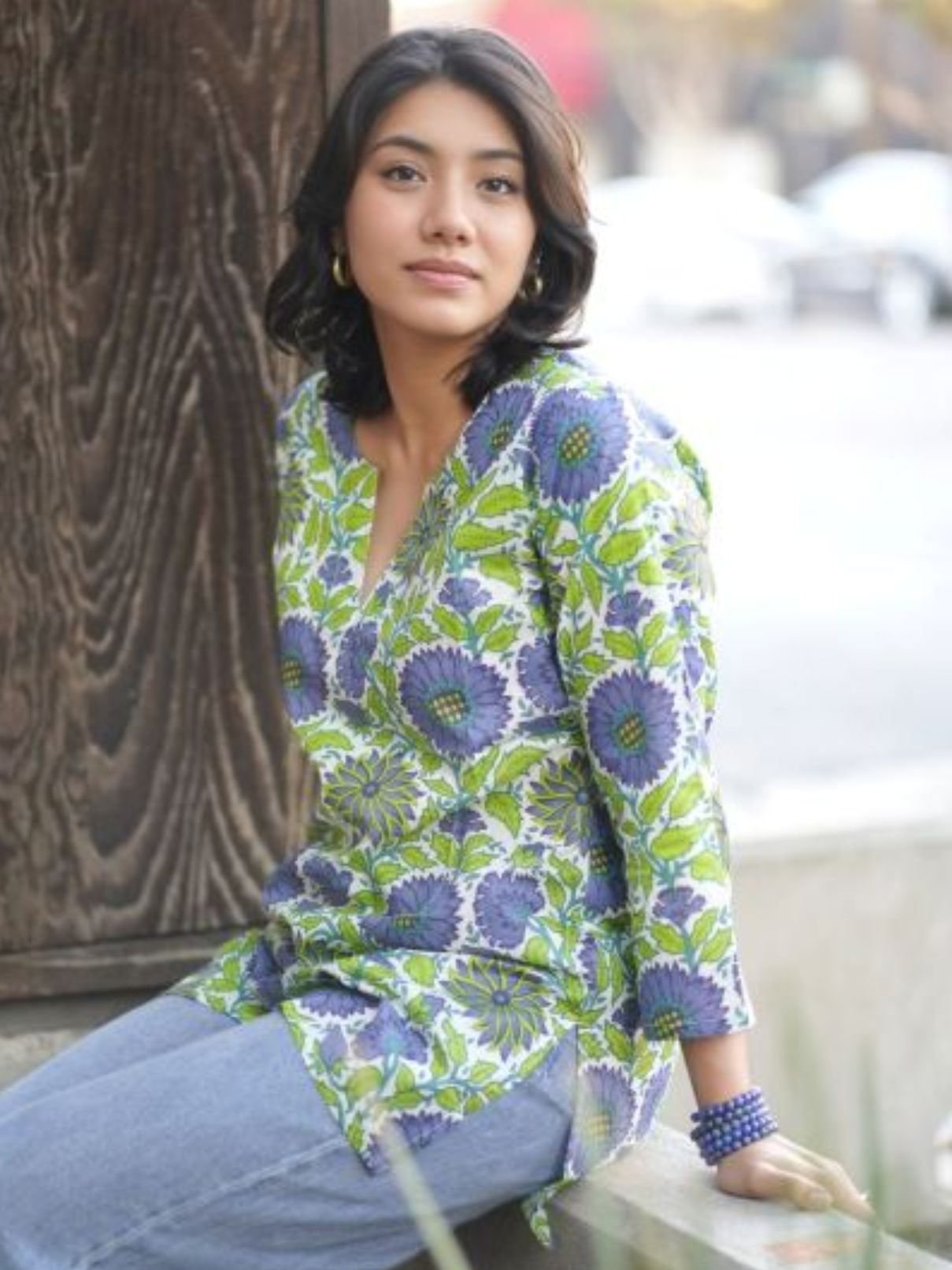Dolma Hailey Floral Cotton Tunic in Green/Purple