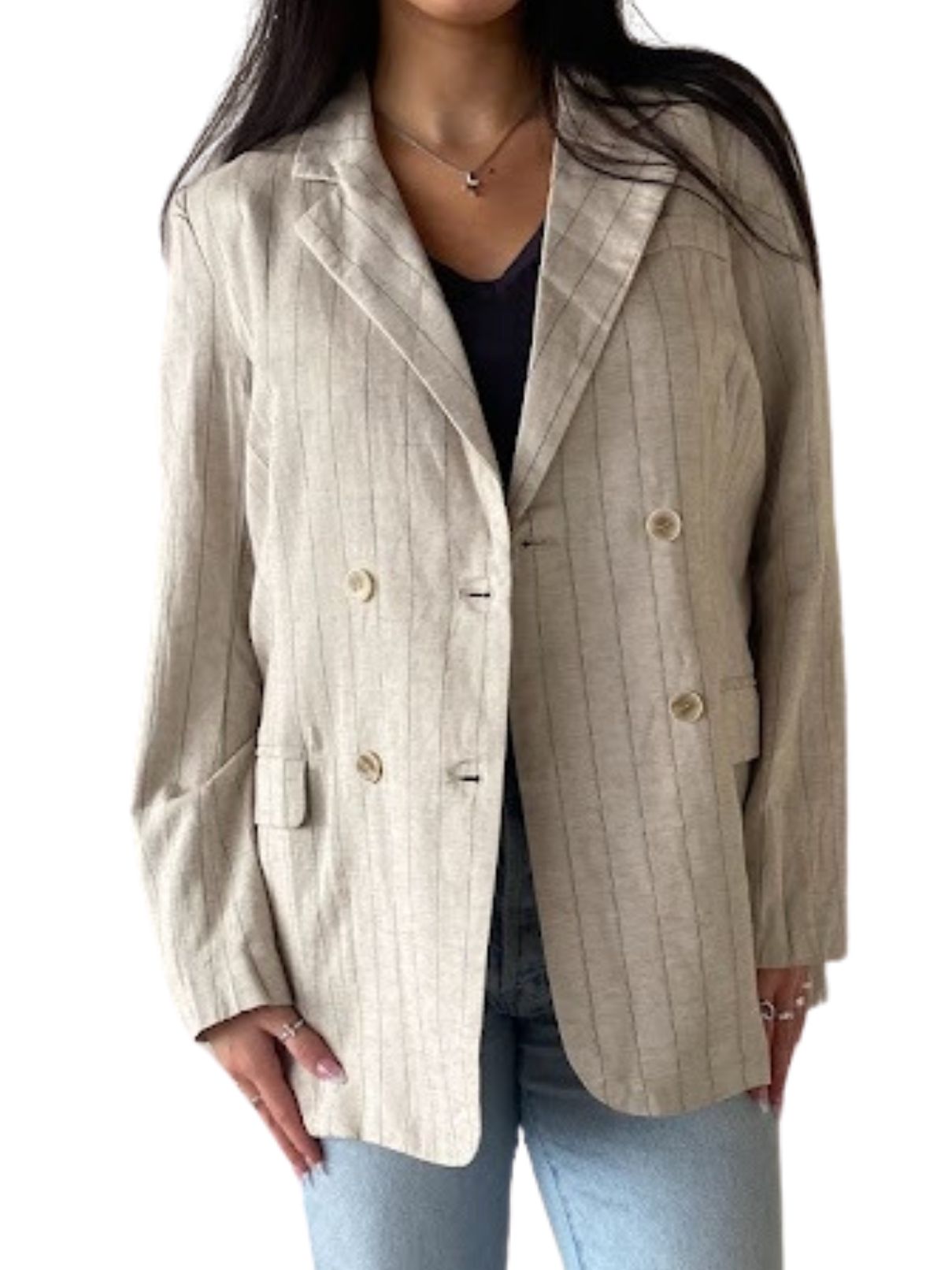 Double Breasted Blazer in Sand Pinstripe