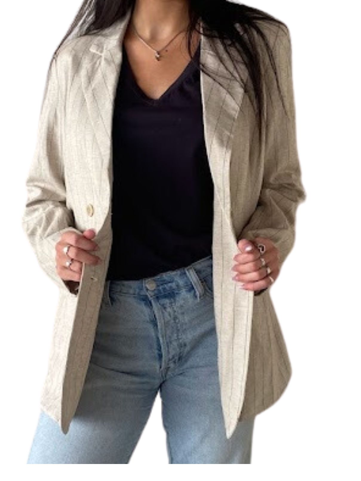 Double Breasted Blazer in Sand Pinstripe