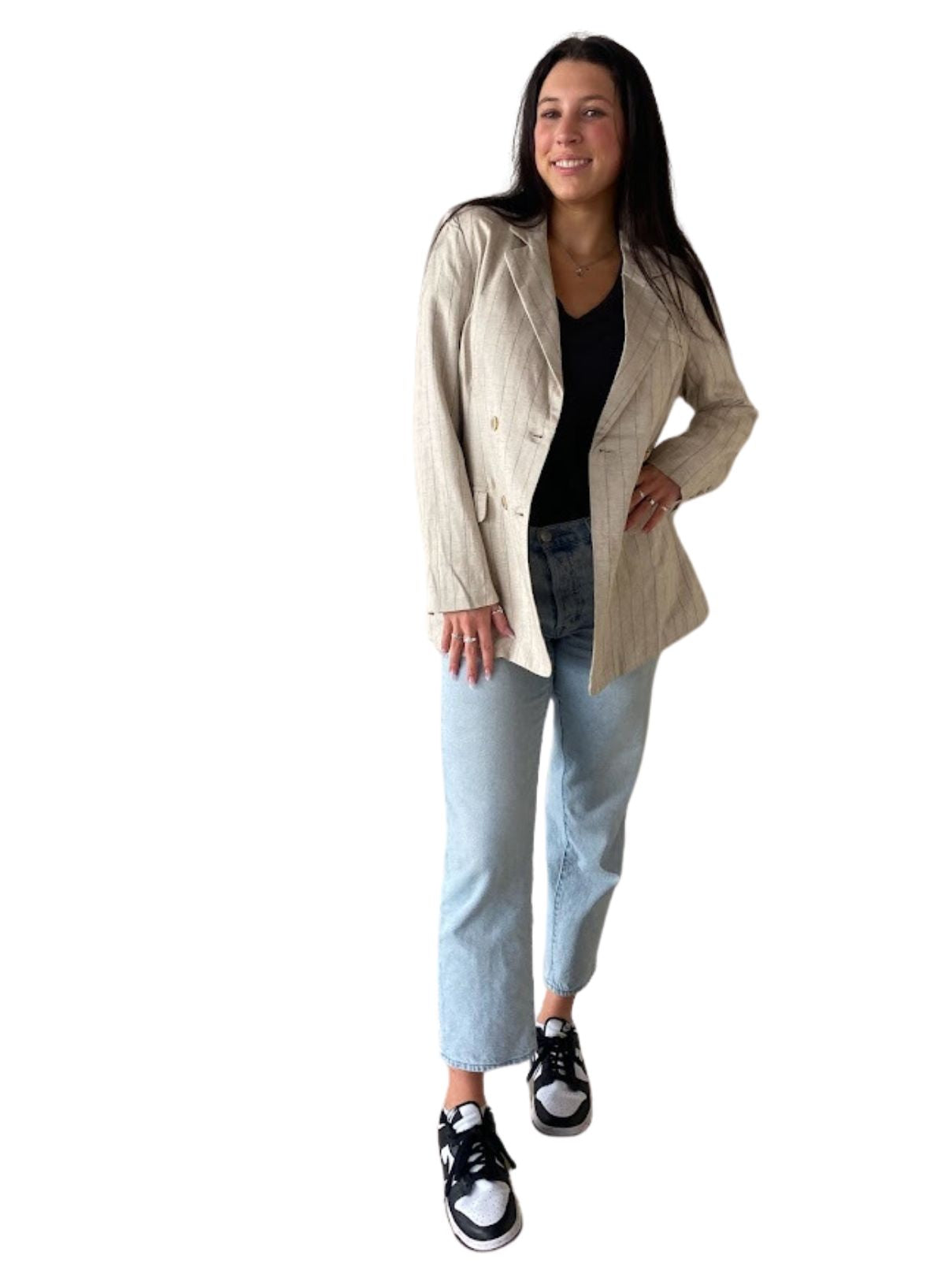 Double Breasted Blazer in Sand Pinstripe