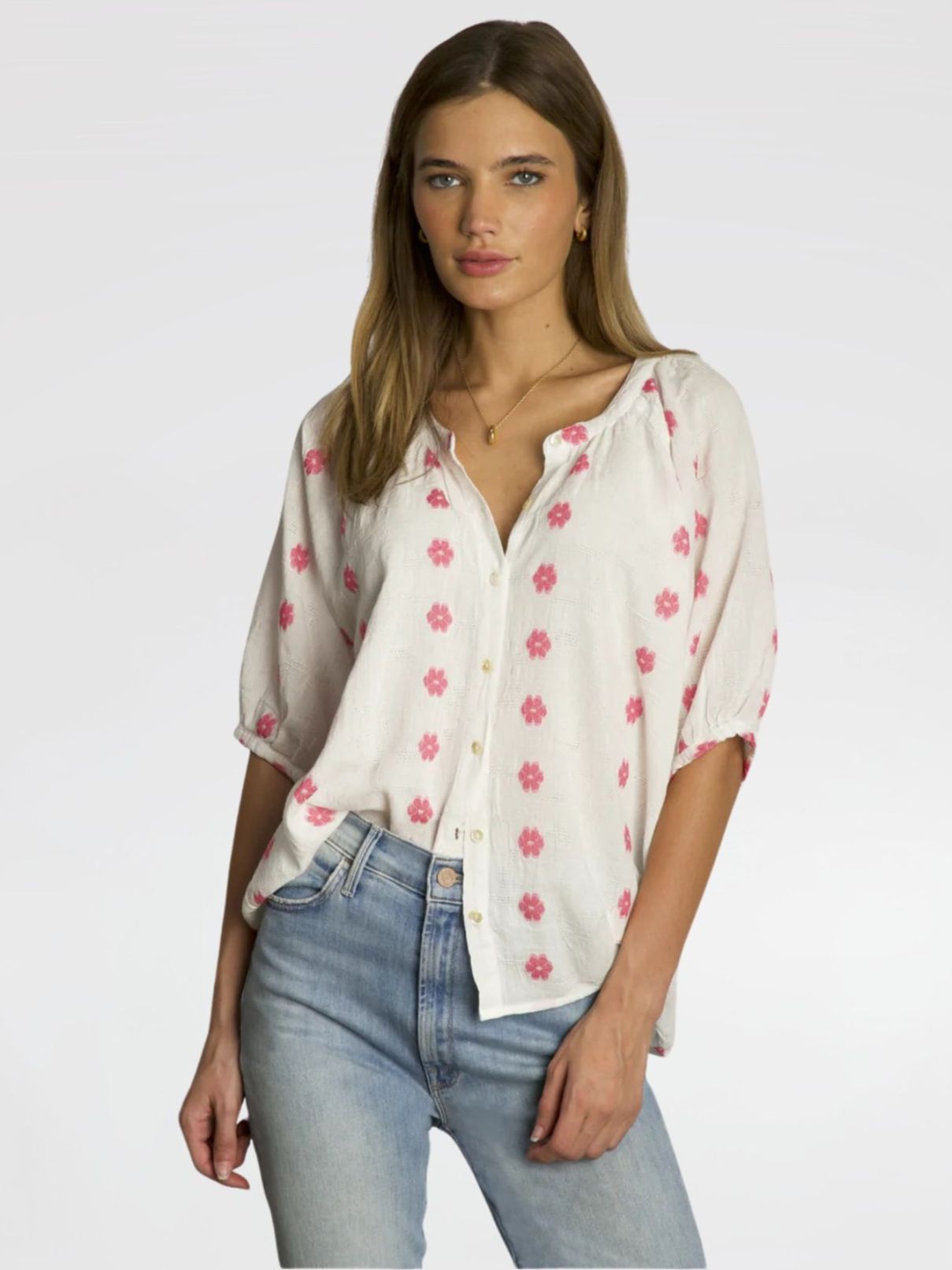 Dylan Esme Embroidered Blouse in White with Pink