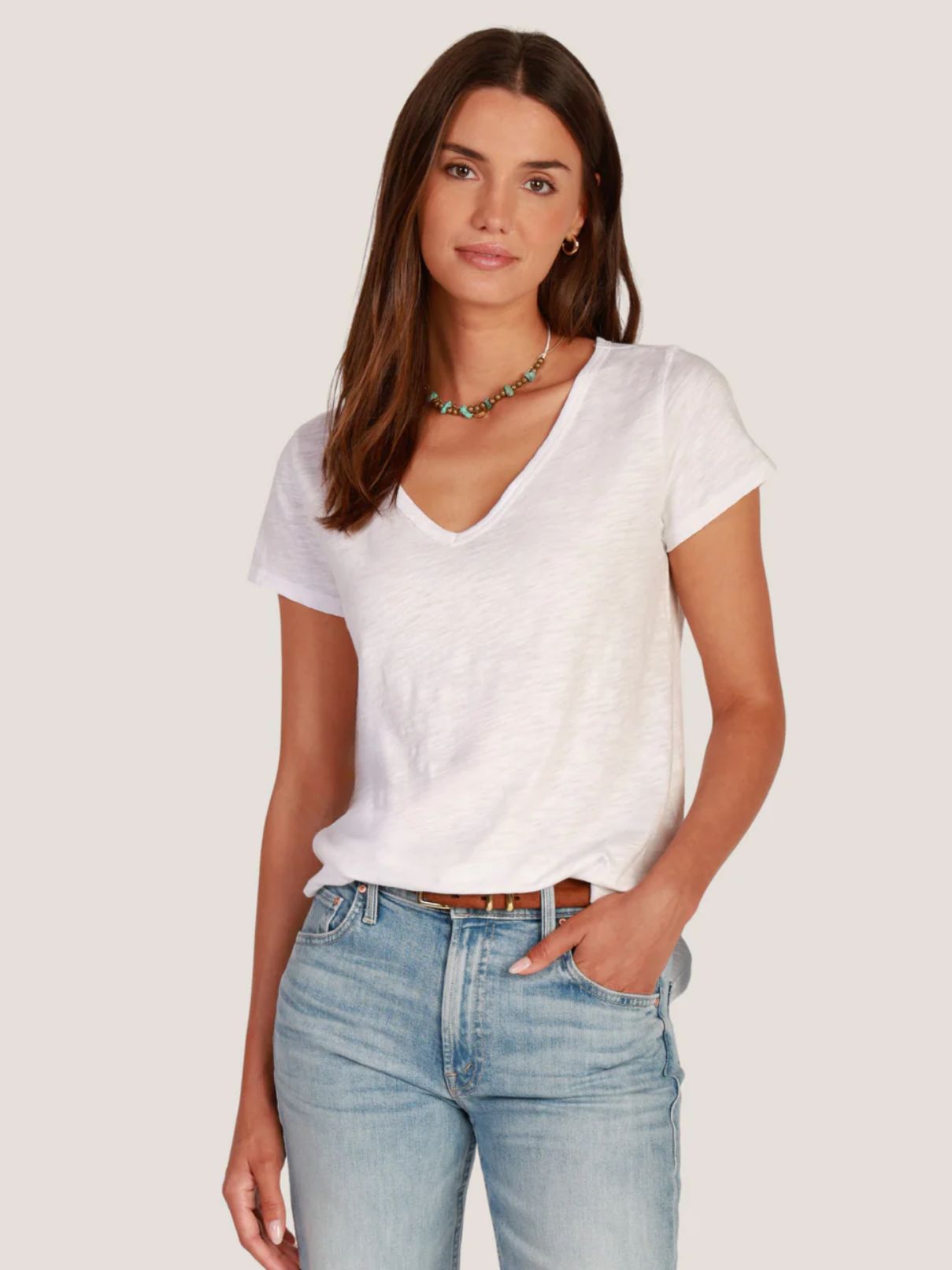 Dylan S/S Deep V Tee White