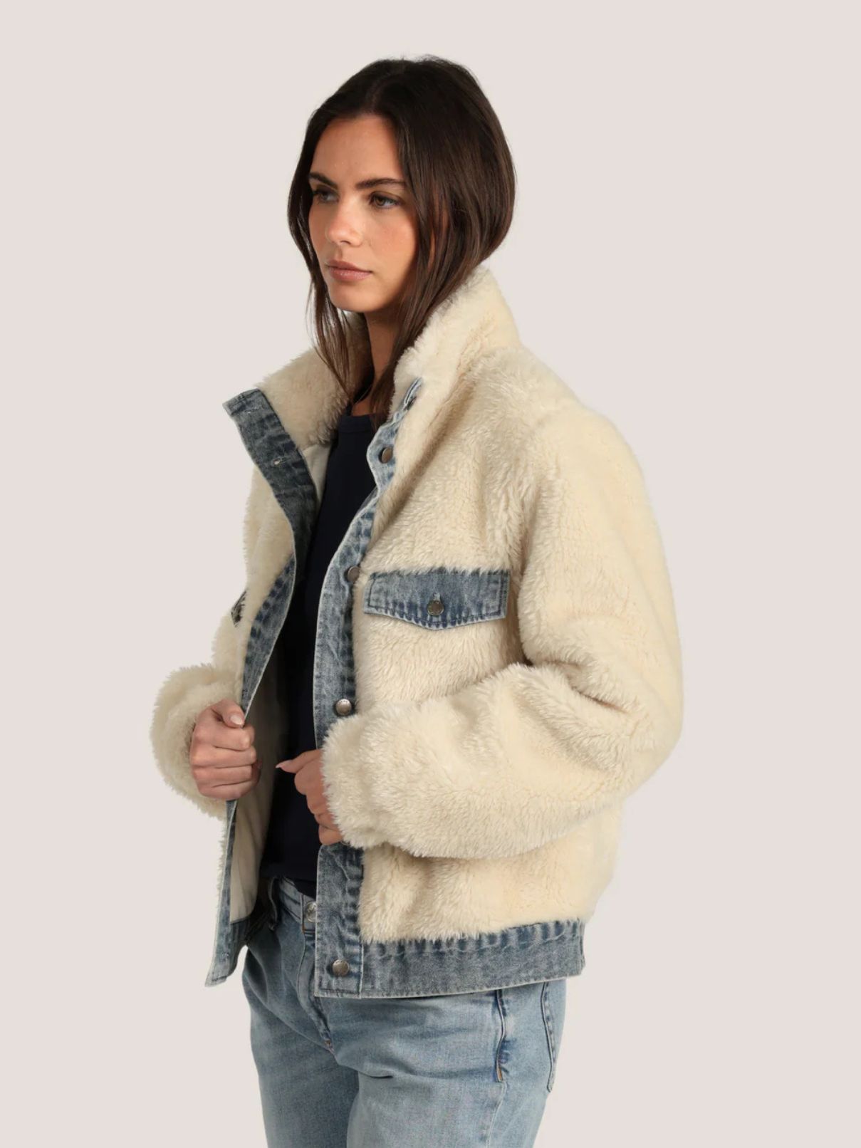 Dylan Sawyer Shearling Jacket with Denim Trim