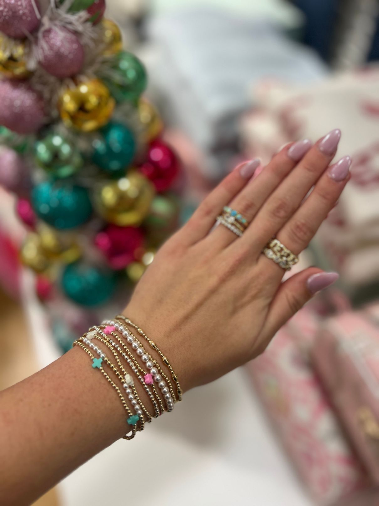 E Newton Signature Small Cross 2mm Gold Beads Bracelet in Navy