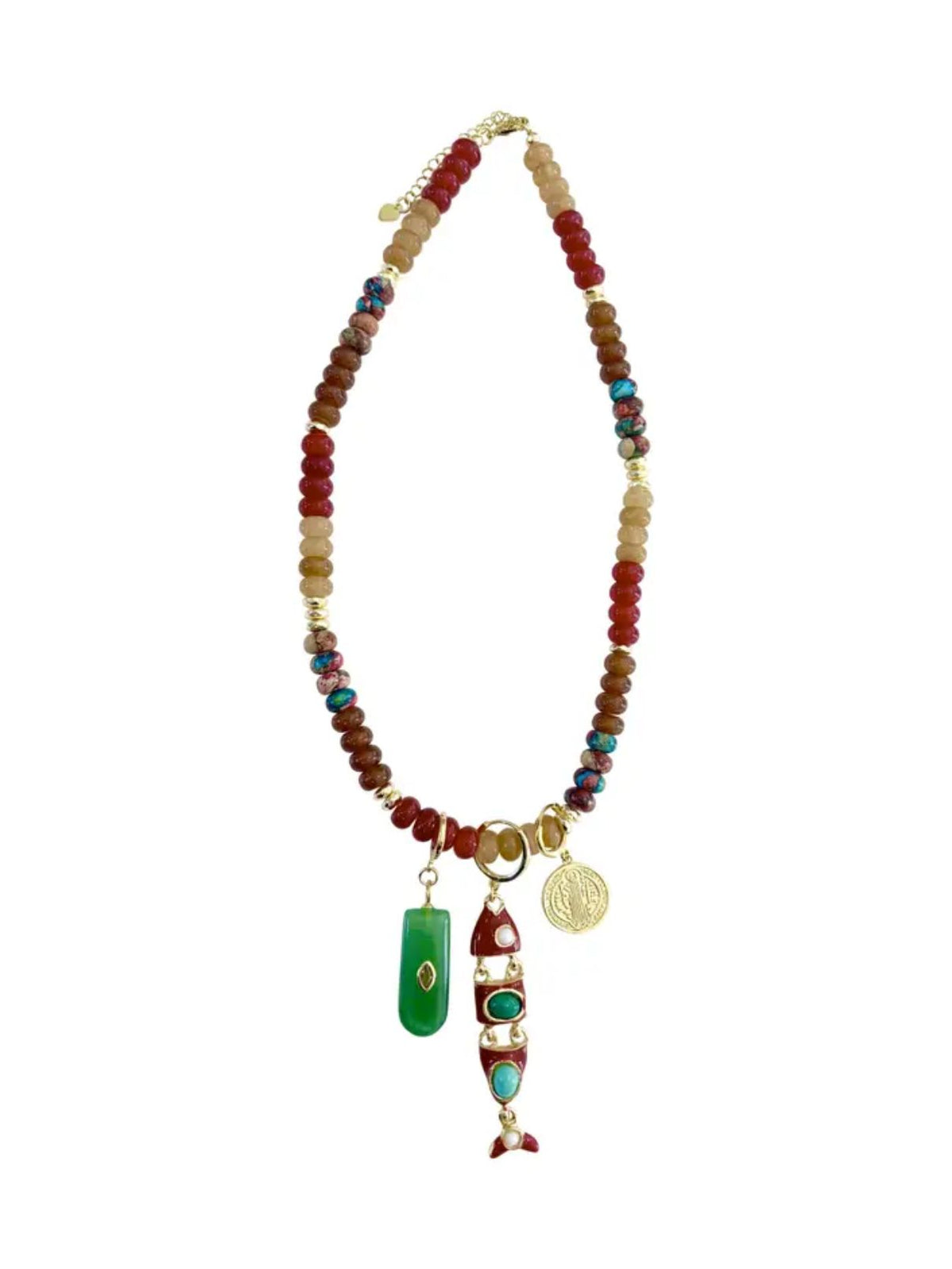 Elton Beaded Triple Charm Necklace in Tan/Turquoise Mix