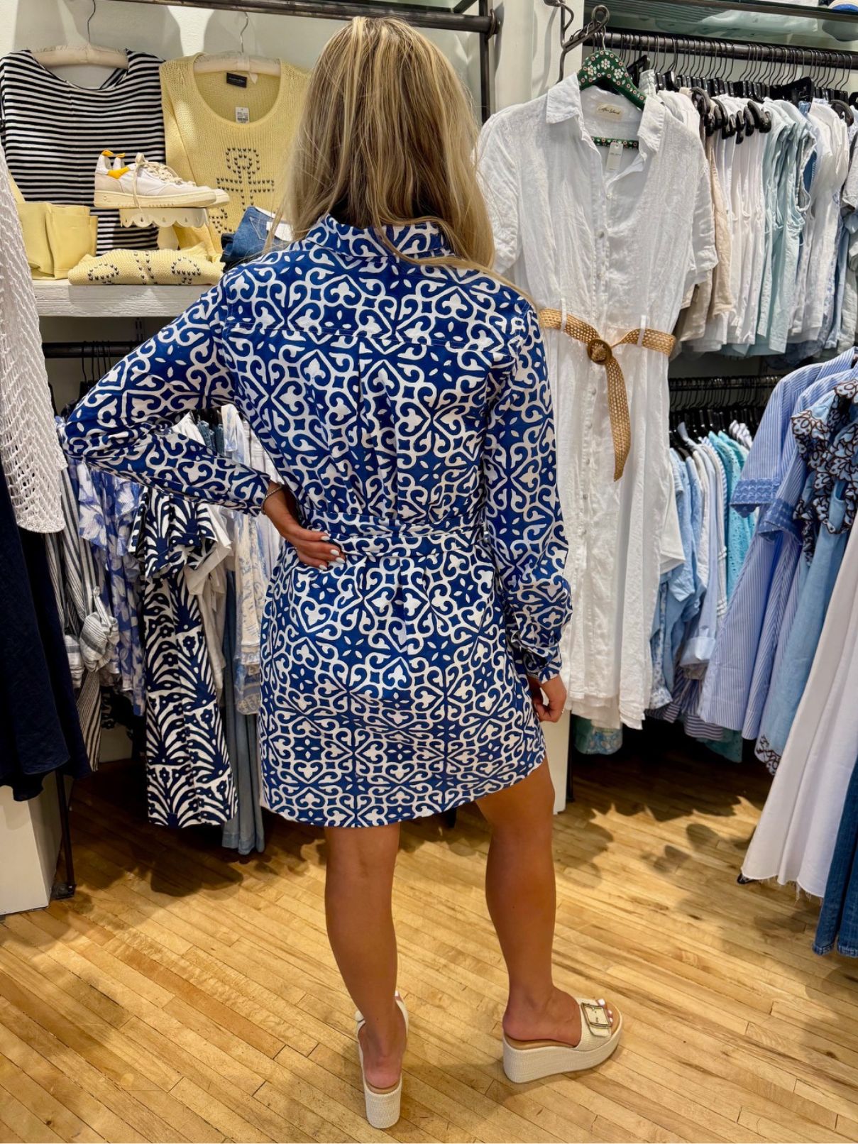 Fitz & Willa Russell Mini Dress in Blue/White Block Print