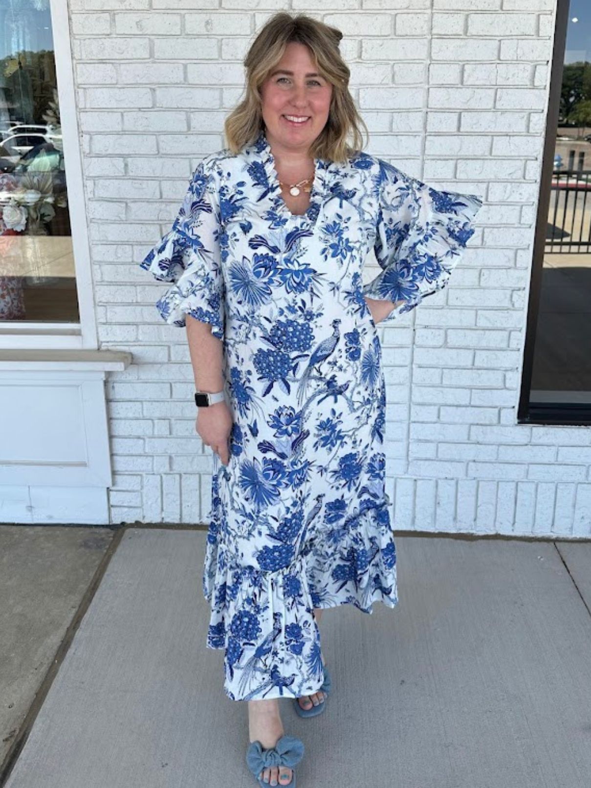 cinderella blue bridesmaid dresses Fitz and Willa Soleil Maxi Dress in Blue Toile
