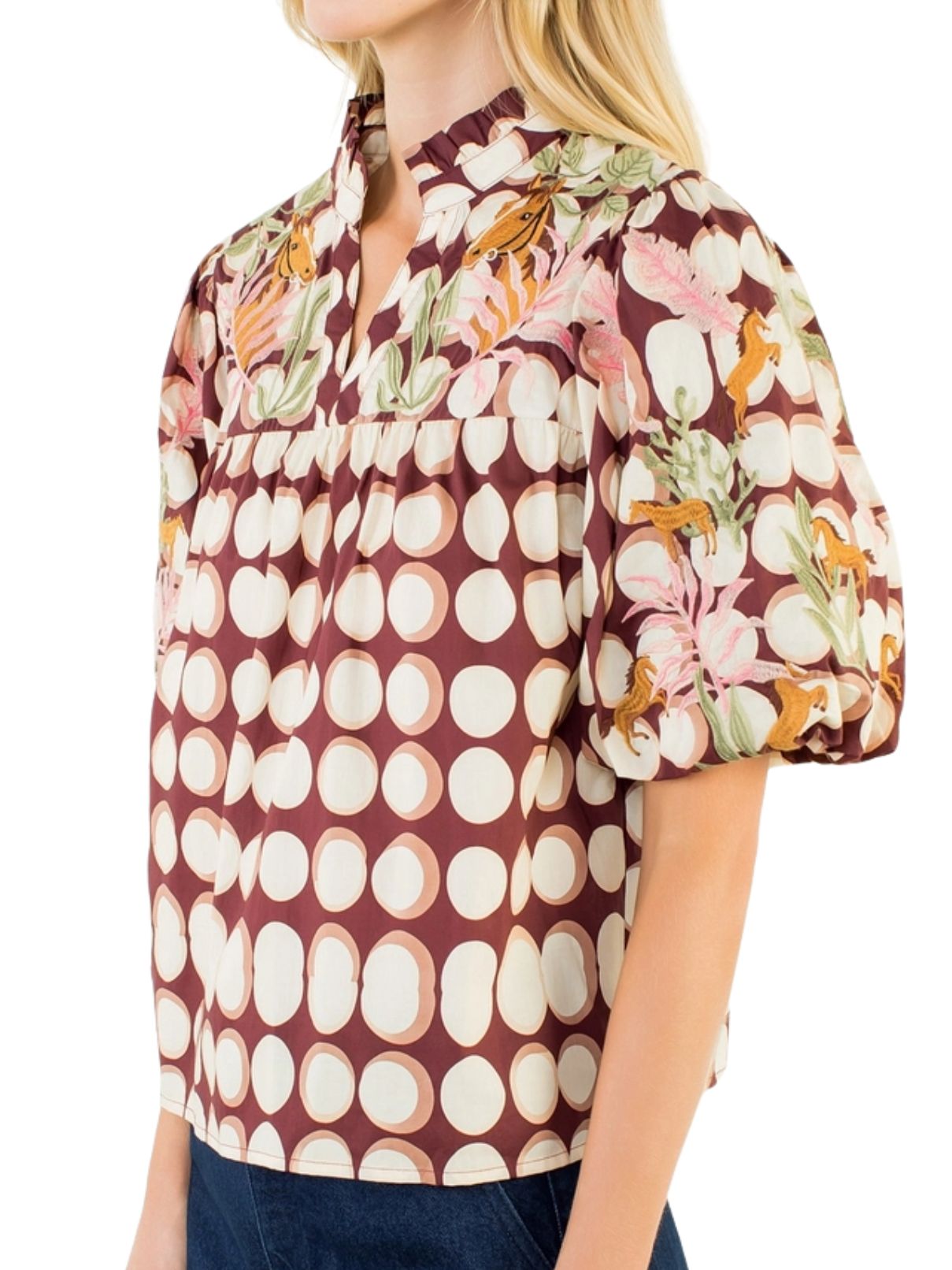Floral Horse Embroidered Puff Sleeve Top – Brown