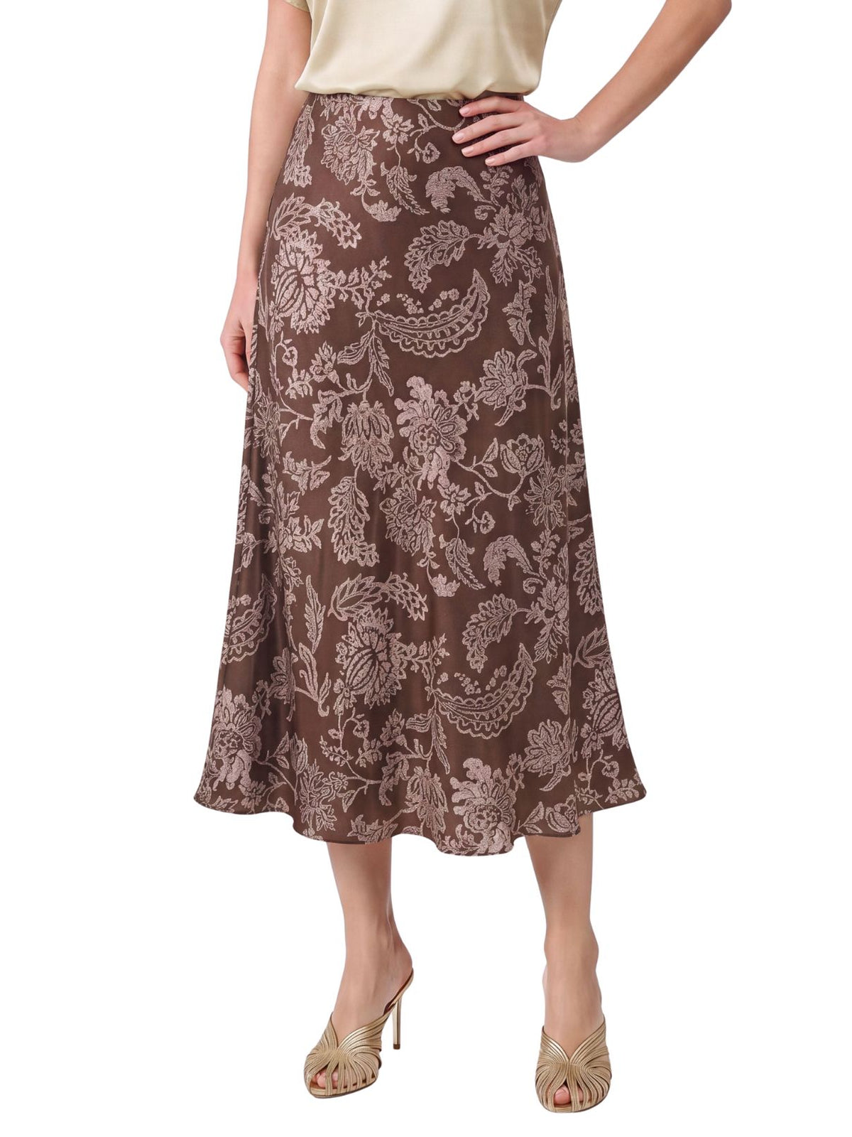 Floral Printed Bias Midi Skirt in Brown & Pink