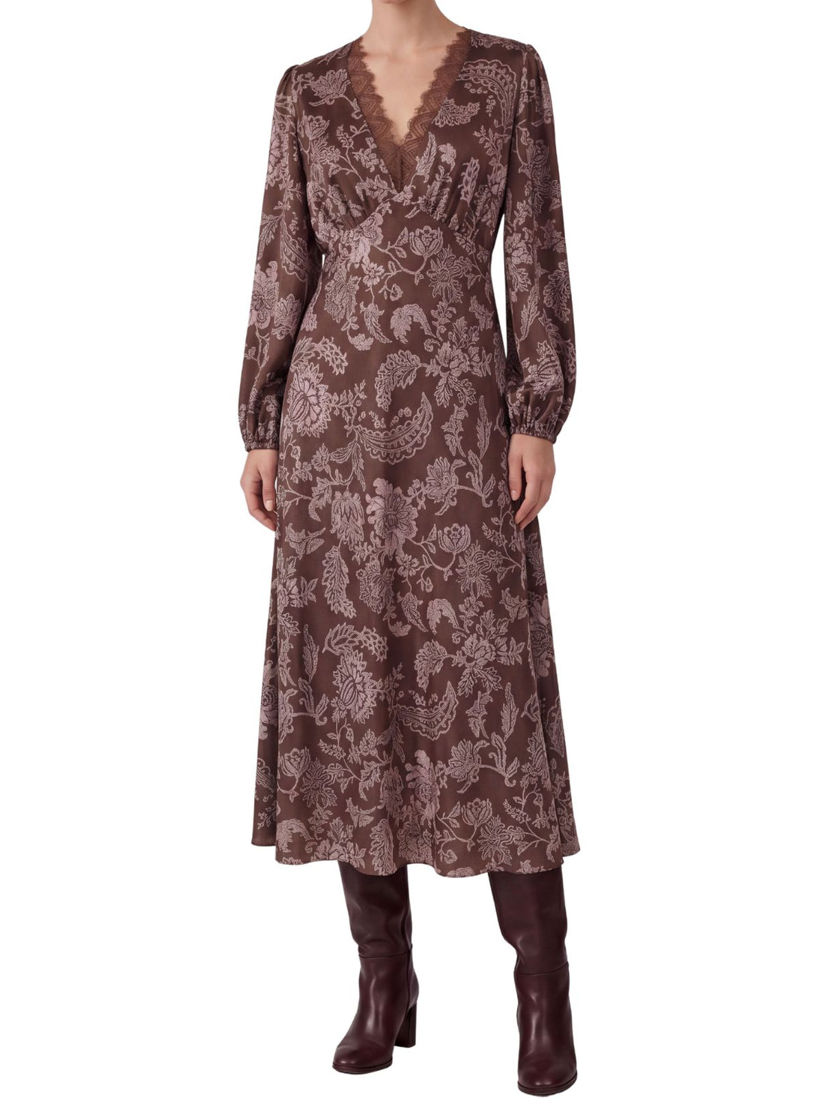 Floral Printed Lace V-Neck Maxi Dress in Brown & Pink
