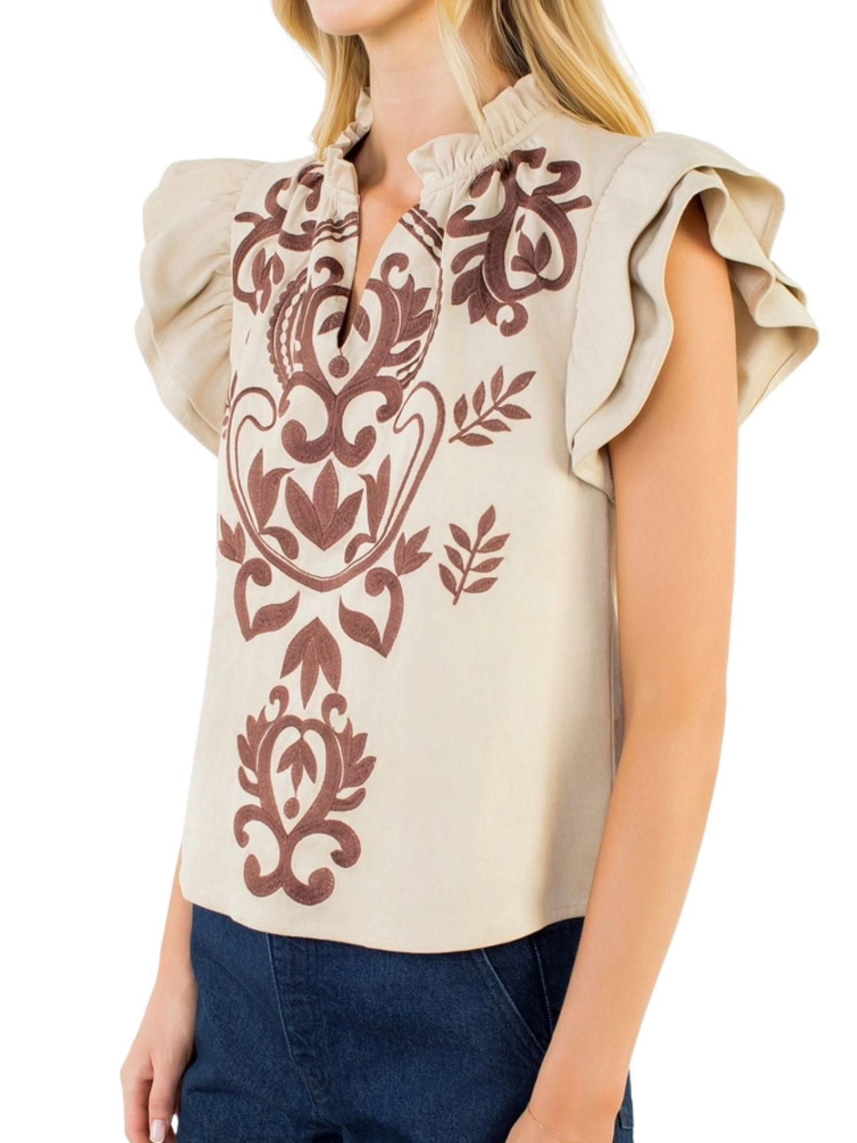 Flutter Embroidered Suede Top – Cream