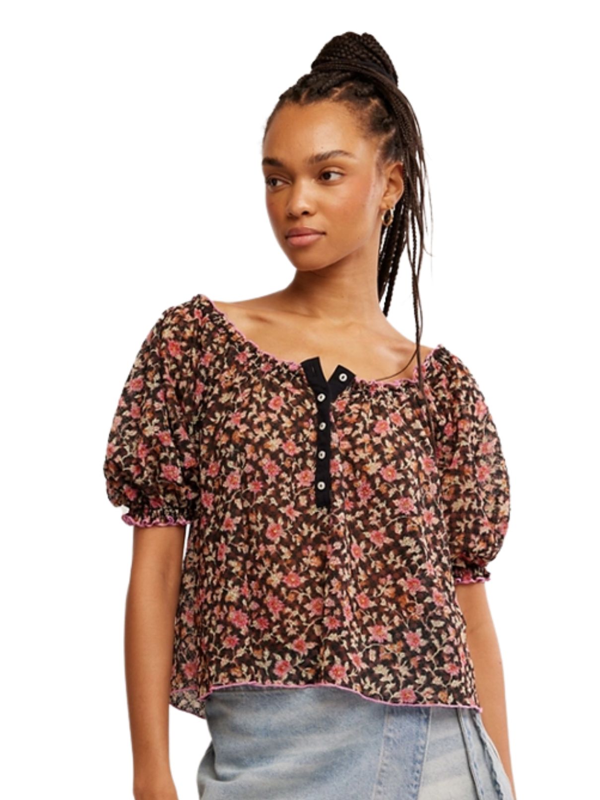 Free People Astra Peasant Top in Black Multi