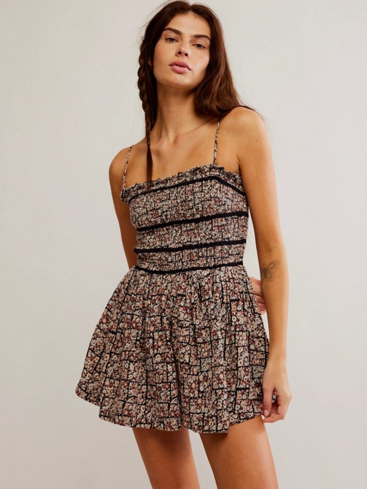 Free People Bali Checked Out Black Ditsy Romper