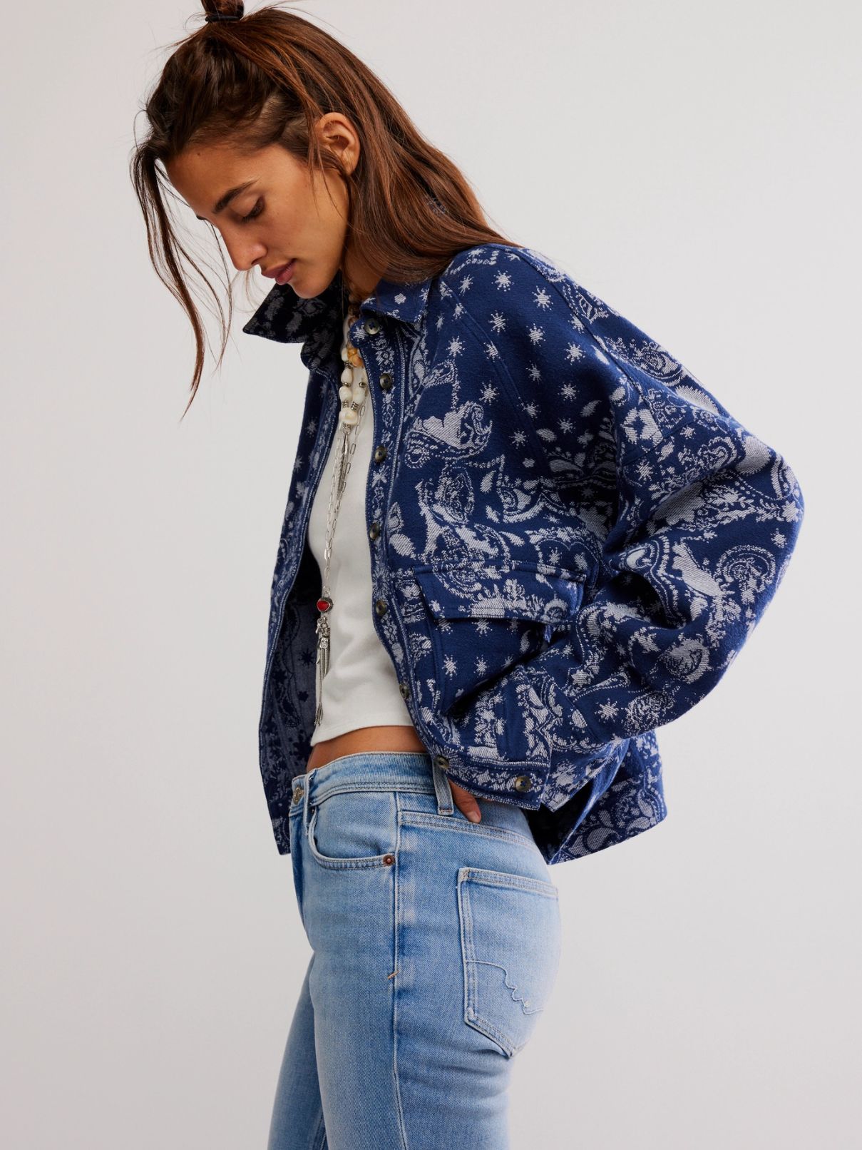 Free People Bandana Jacquard Shirt in Indigo