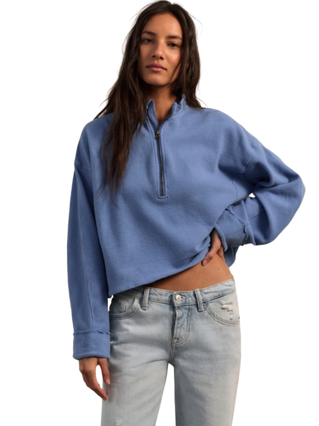 Free People Celeste Quarter Zip in Blue Bell