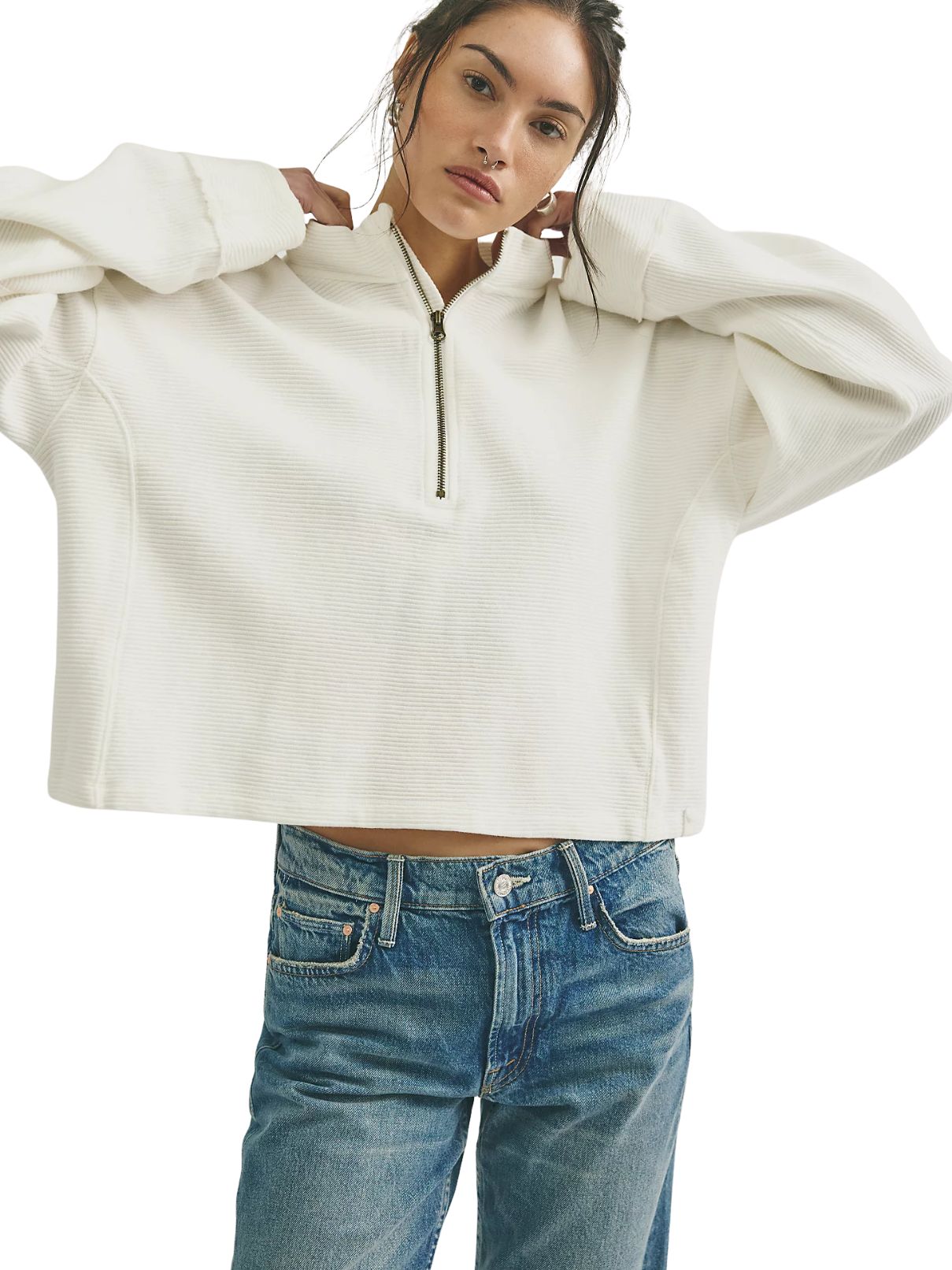 Free People Celeste Quarter Zip in Clean Ivory