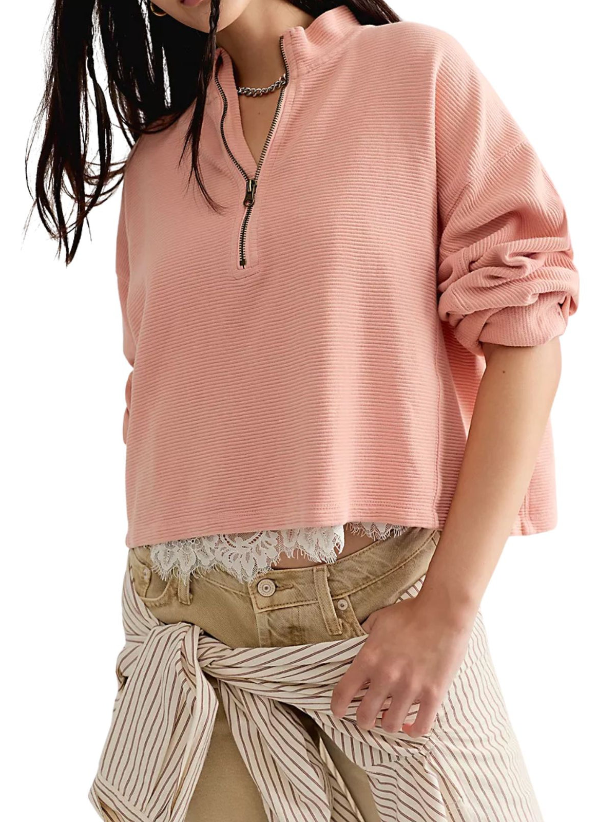 Free People Celeste Quarter-Zip in Coral Pink