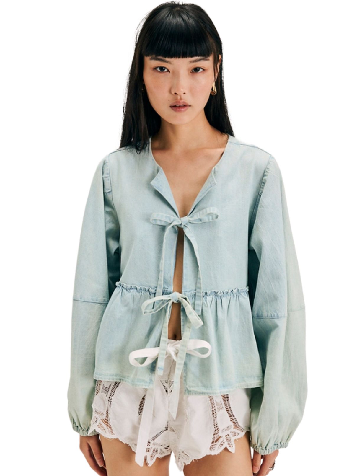 Free People Denim Brunch Babe Top in Lt Tint Wash
