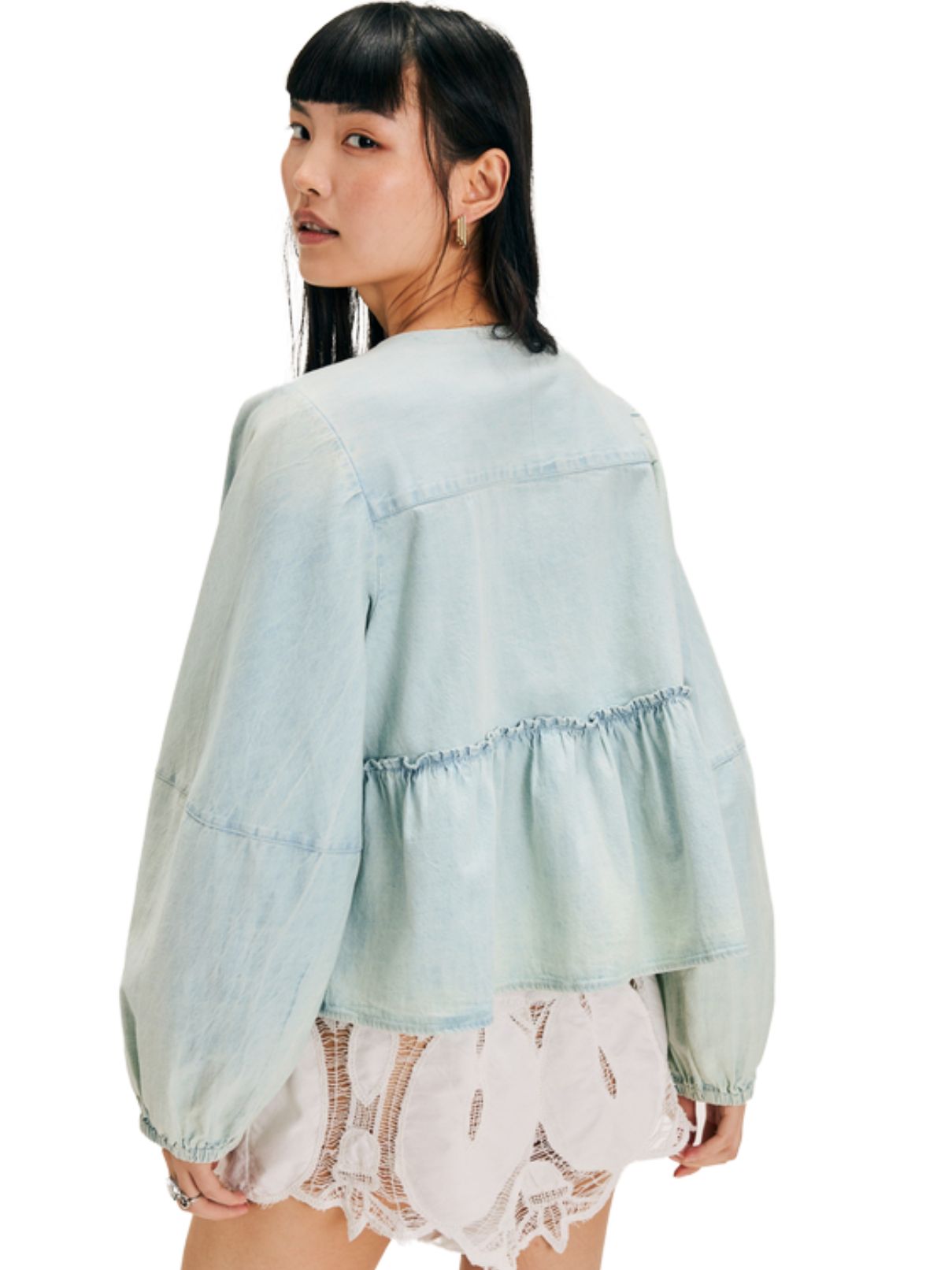 Free People Denim Brunch Babe Top in Lt Tint Wash