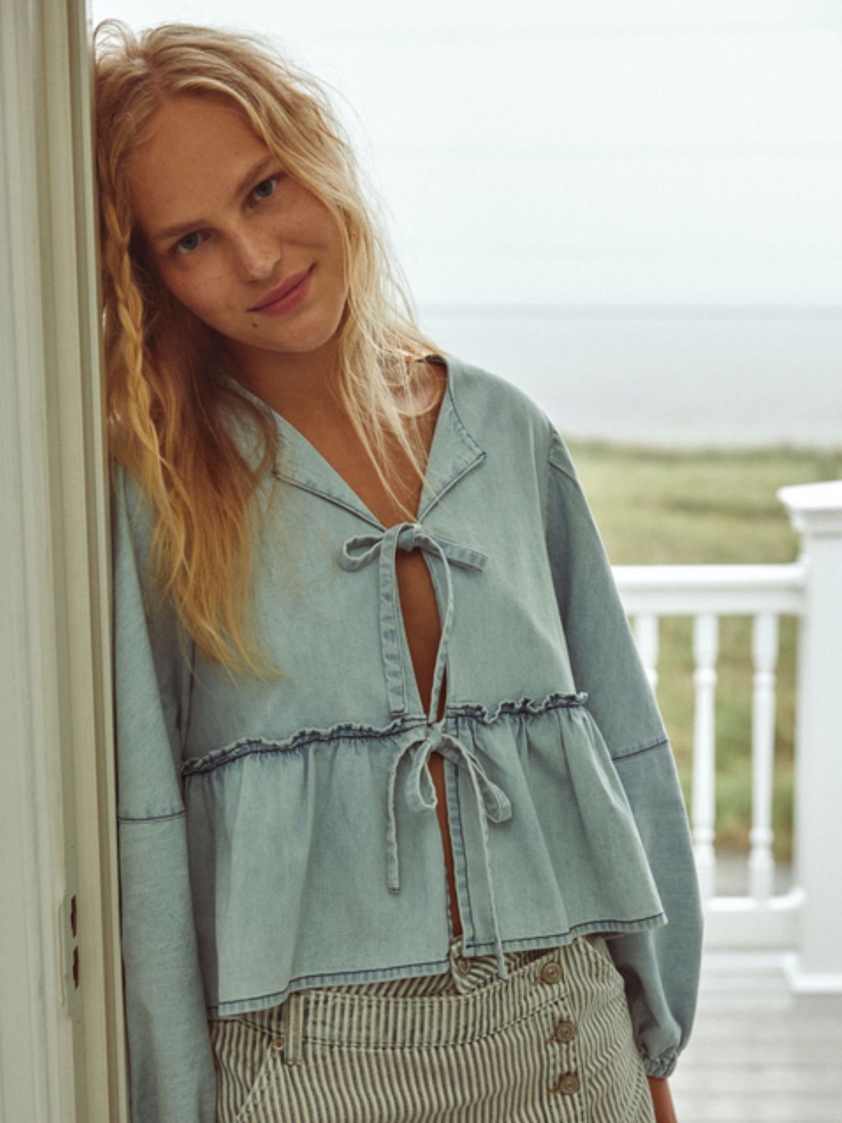 Free People Denim Brunch Babe Top in Lt Tint Wash
