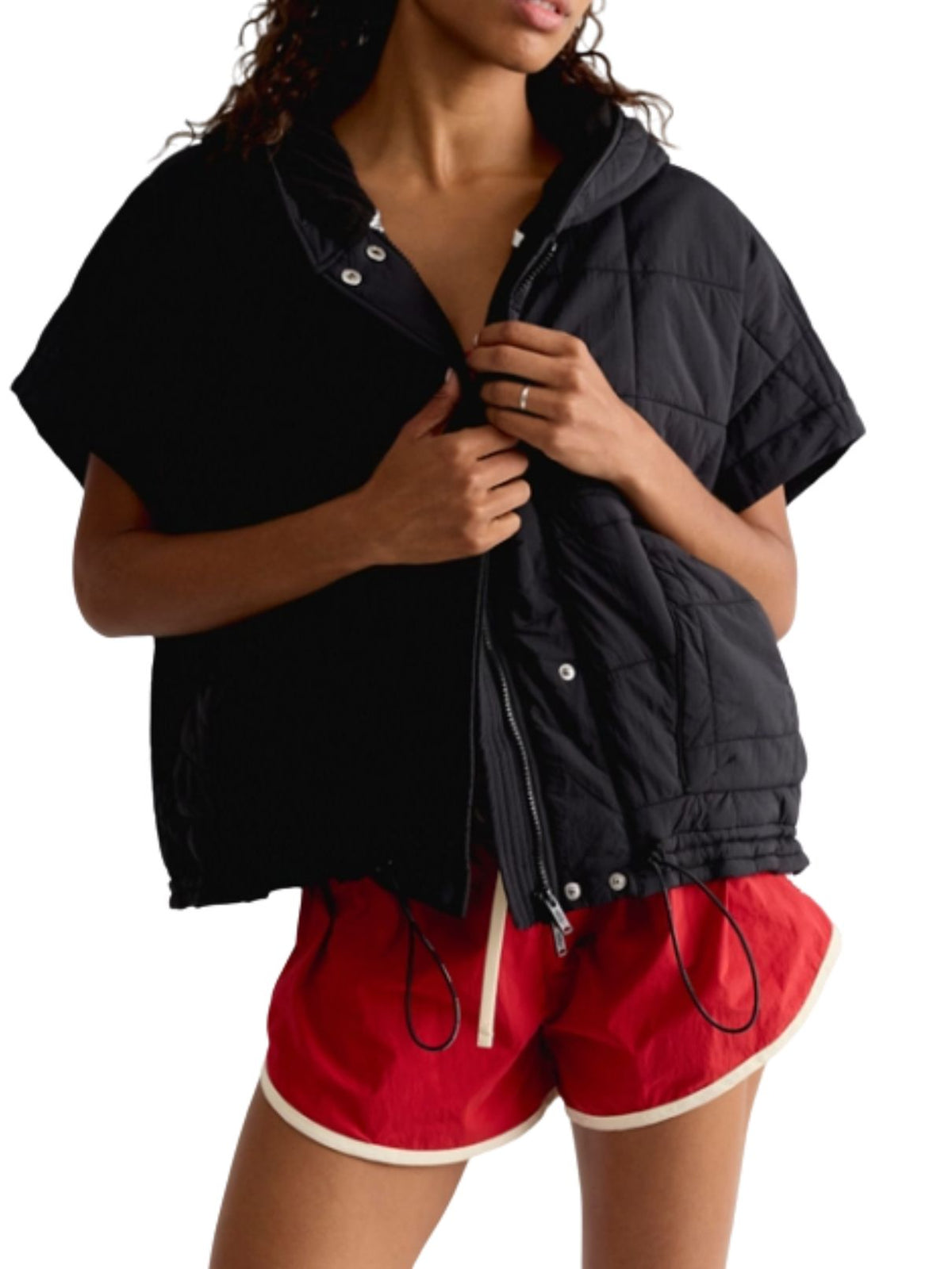 Free People FP Movement Happy Trails Quilted Hooded Poncho Vest in Black