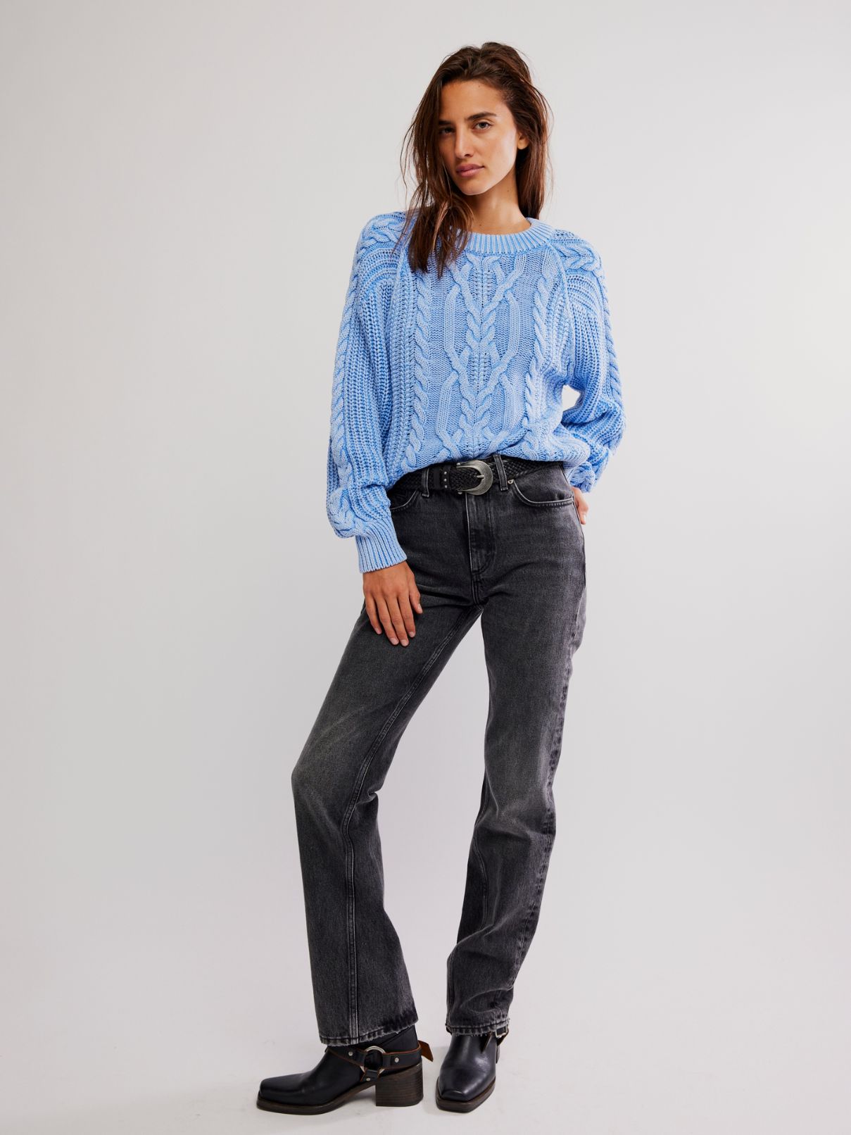Free People Frankie Cable Sweater in Robbia Blue