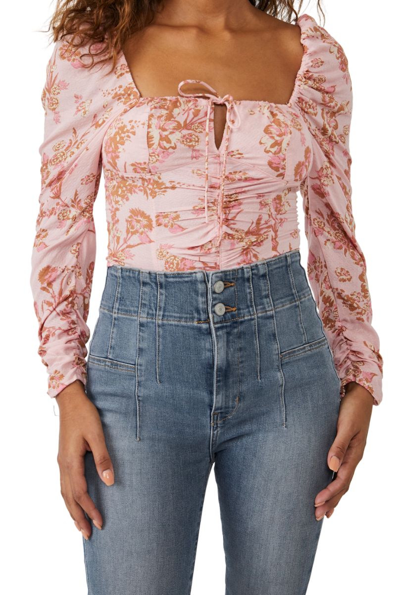 Free People Hillary Printed Top in Pink Combo
