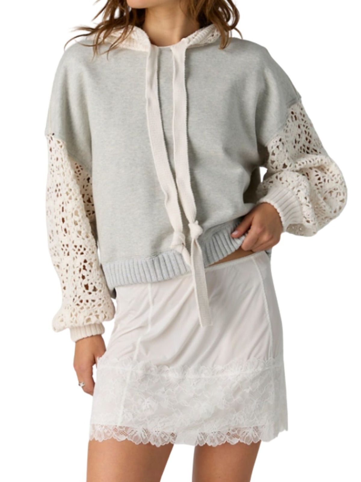 Free People Laced In Cotton Hoodie in Heather Grey