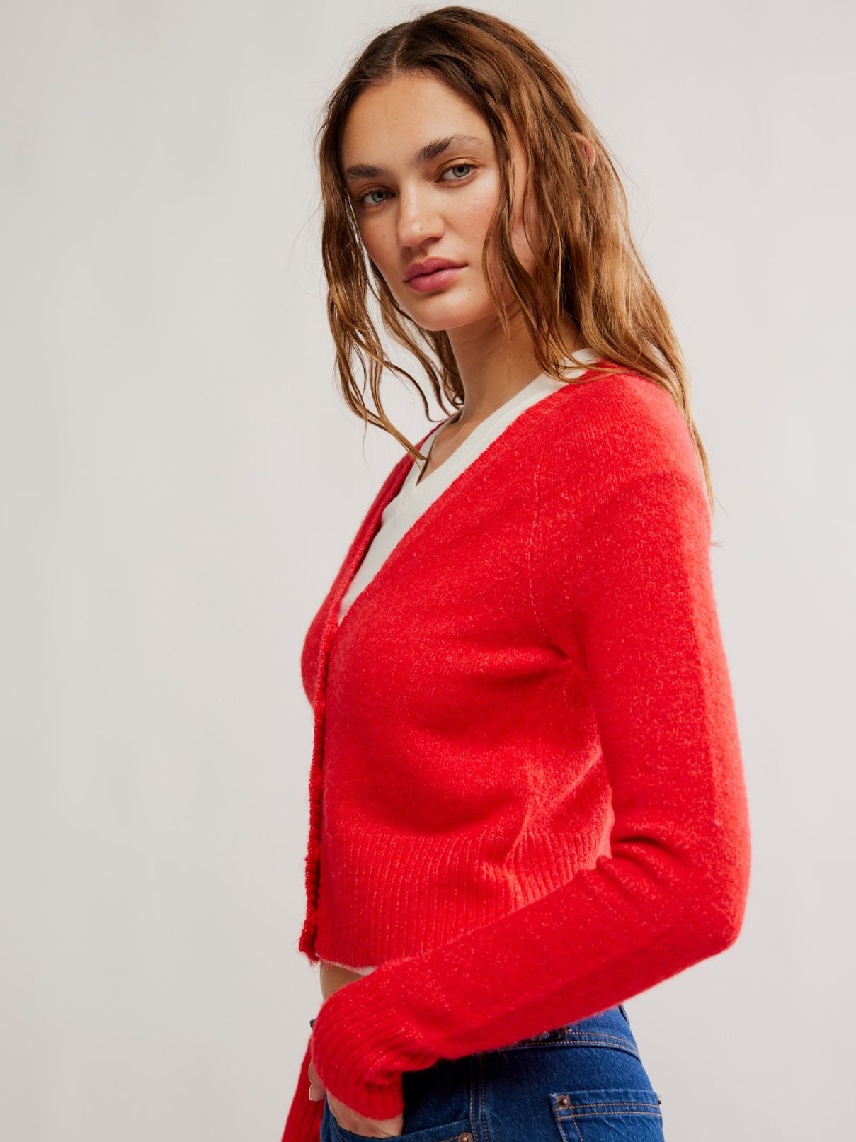 Free People School Girl Cardi in Cherry Pop Melange