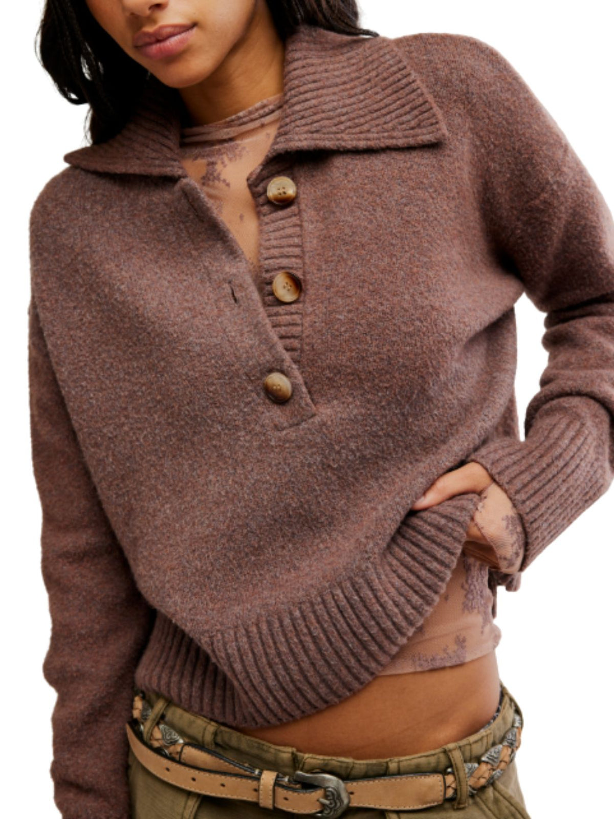 Free People Trading Up Polo Sweater in Enchanted Oak Melange