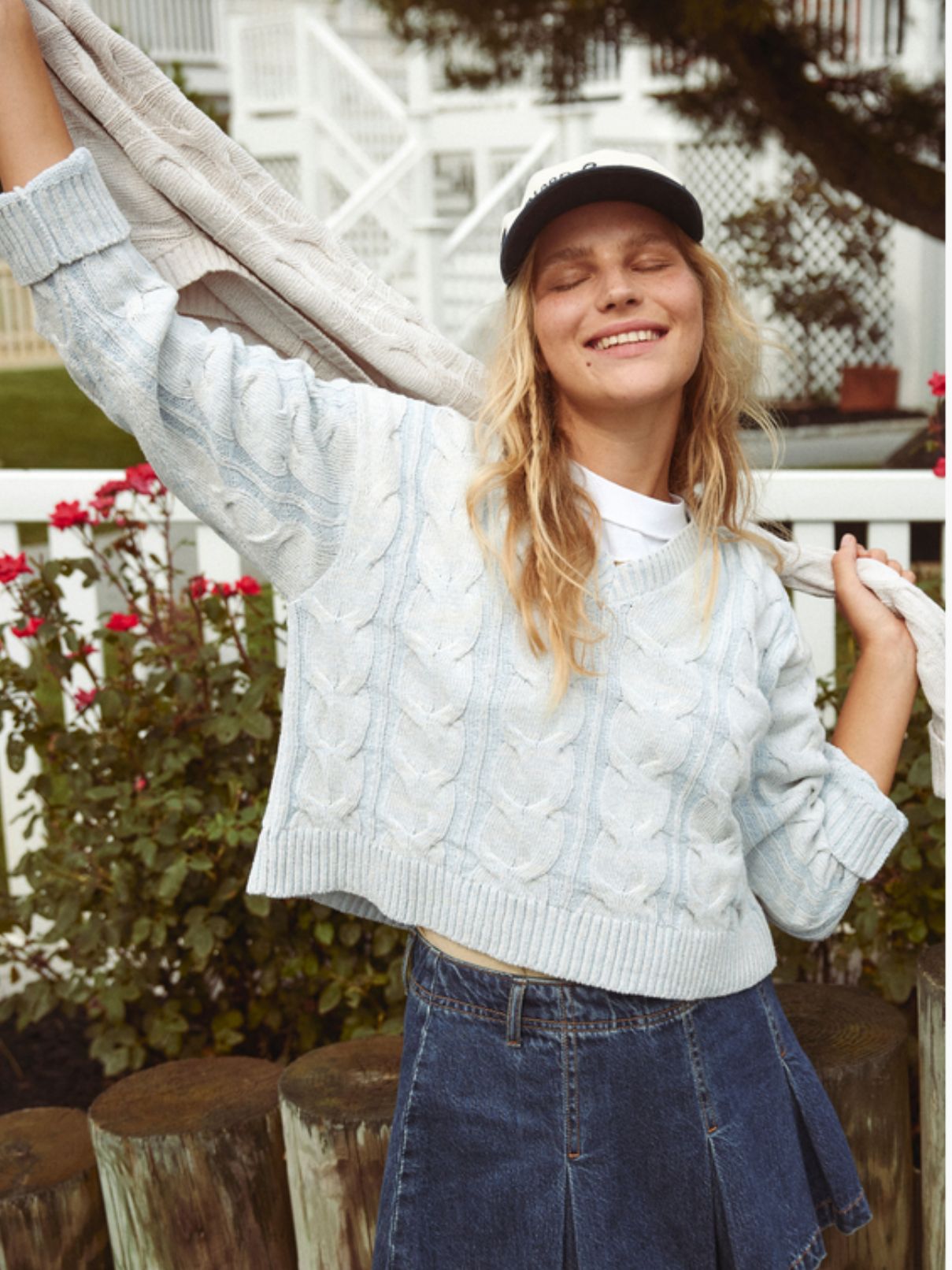 Free People Washed Cable V neck in Blue