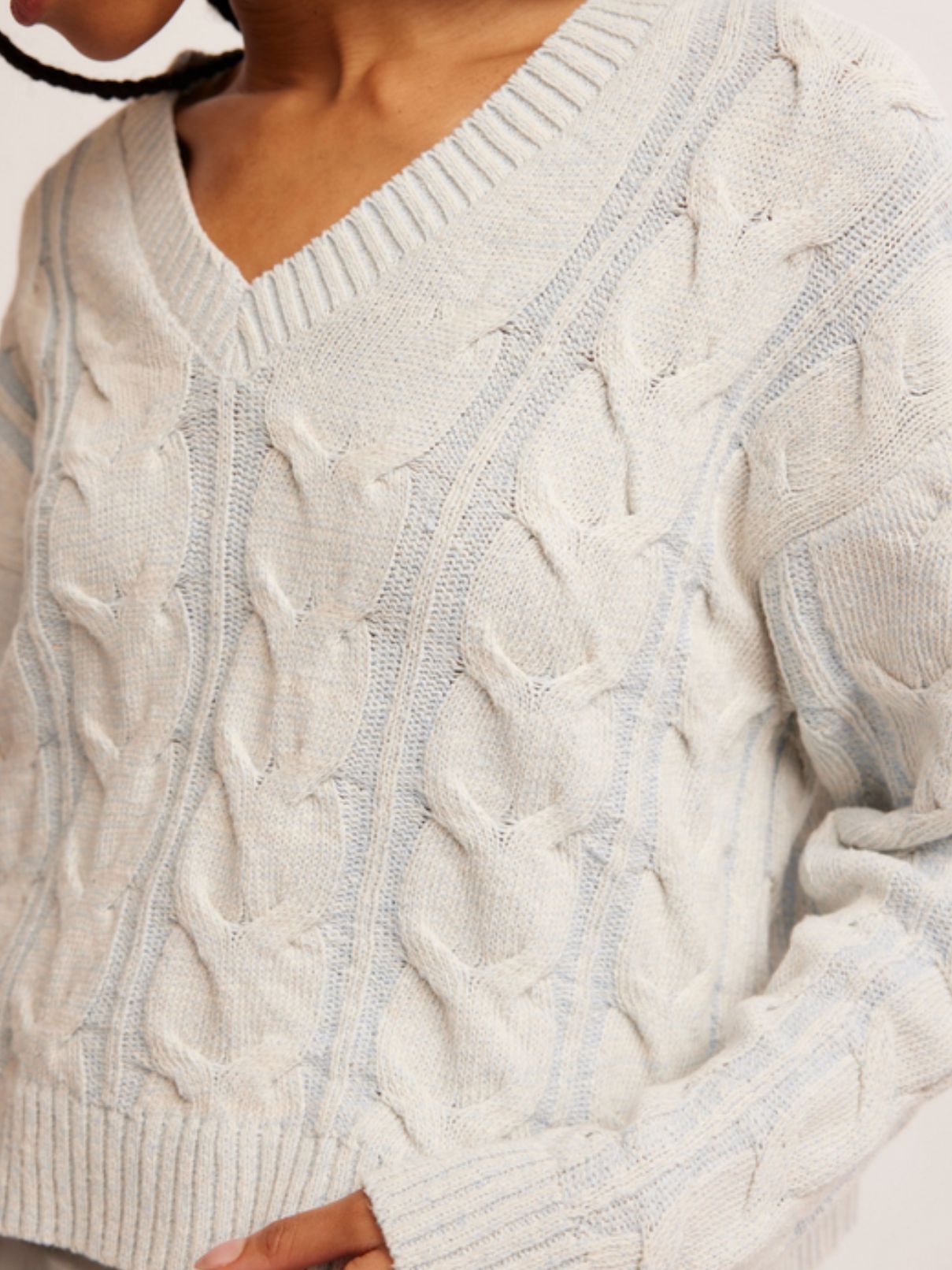 Free People Washed Cable V neck in Blue