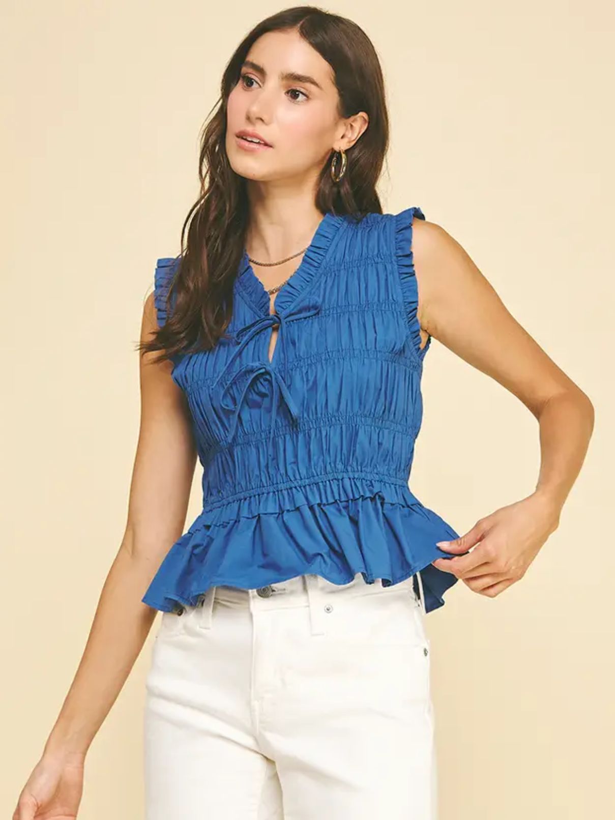 Front Tie Smocked in Denim Blue