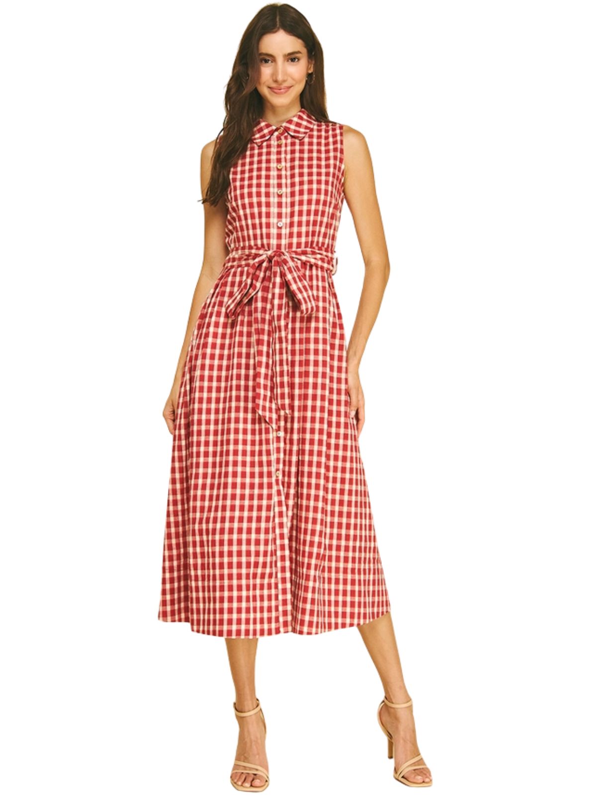 Gingham Check Button Down Midi Dress in Red