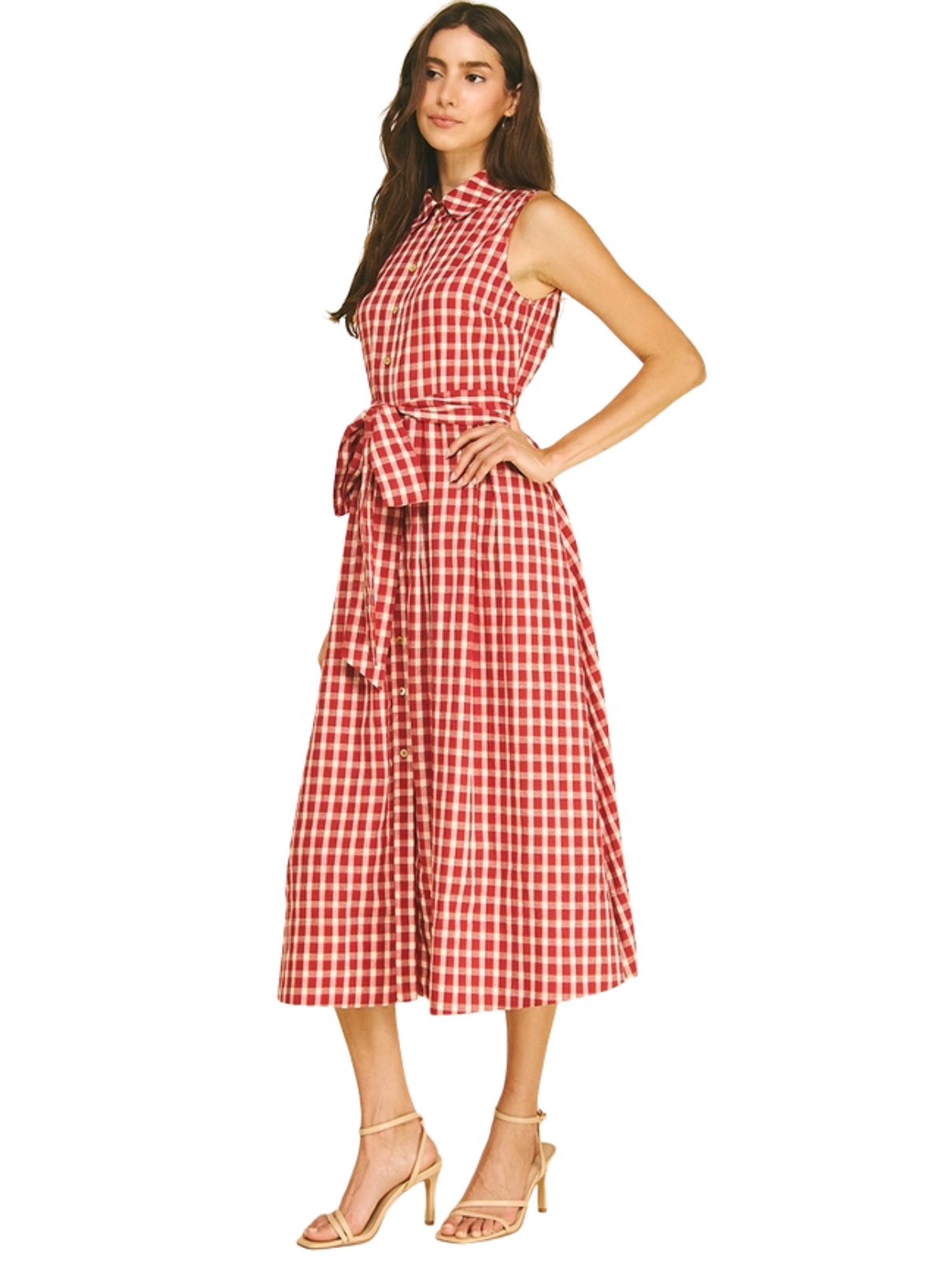 Gingham Check Button Down Midi Dress in Red