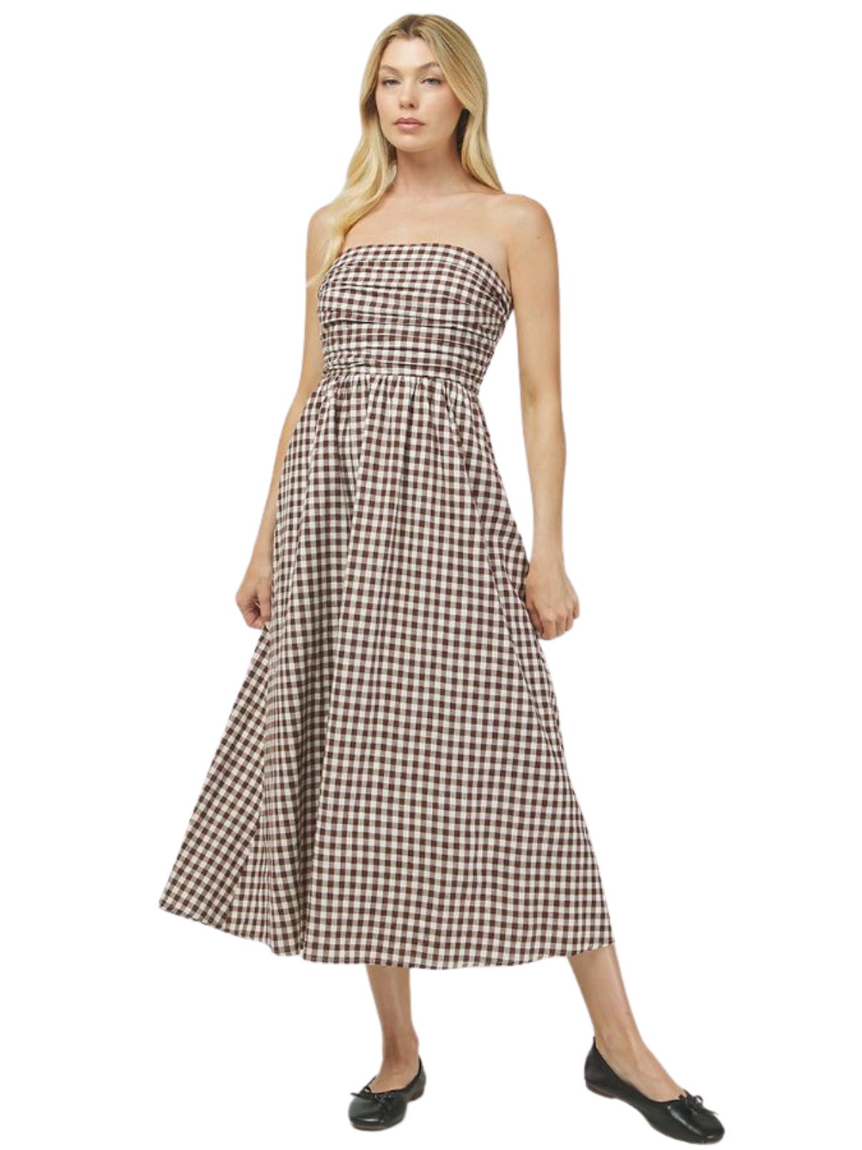 Gingham Tube Maxi Dress in Brown