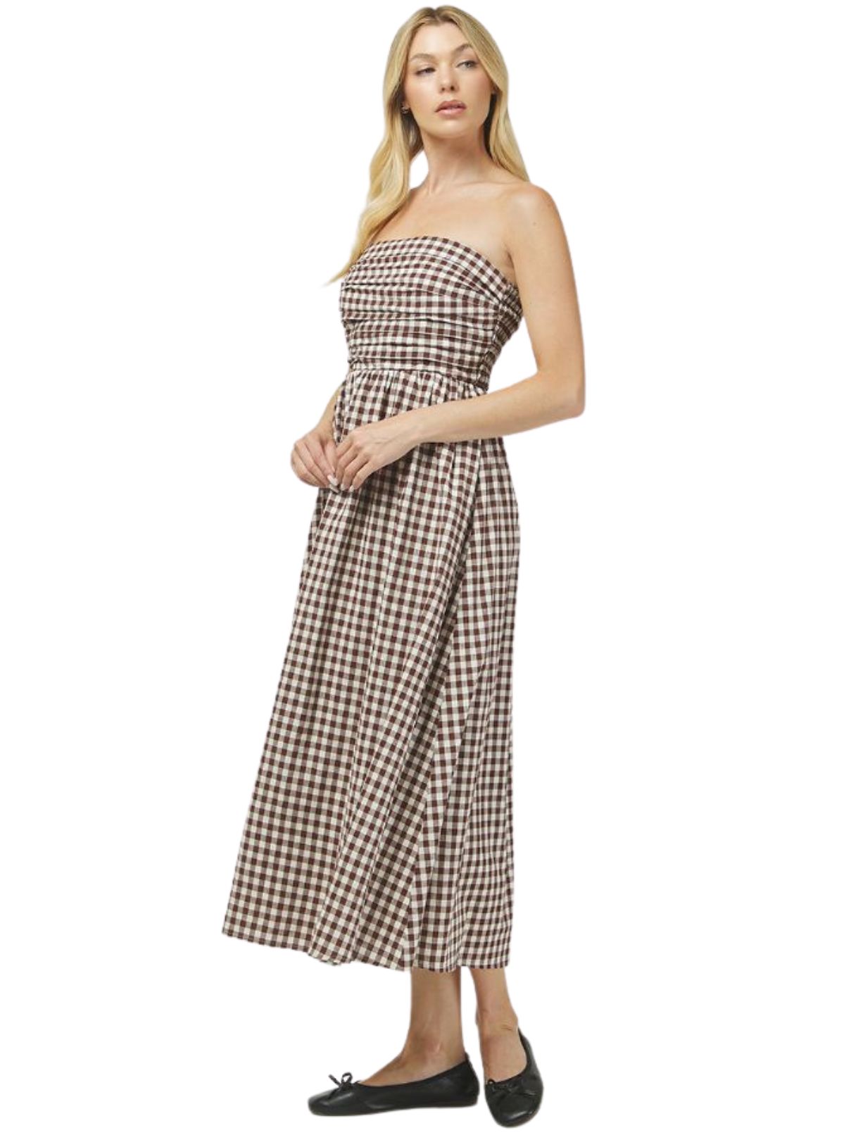 Gingham Tube Maxi Dress in Brown