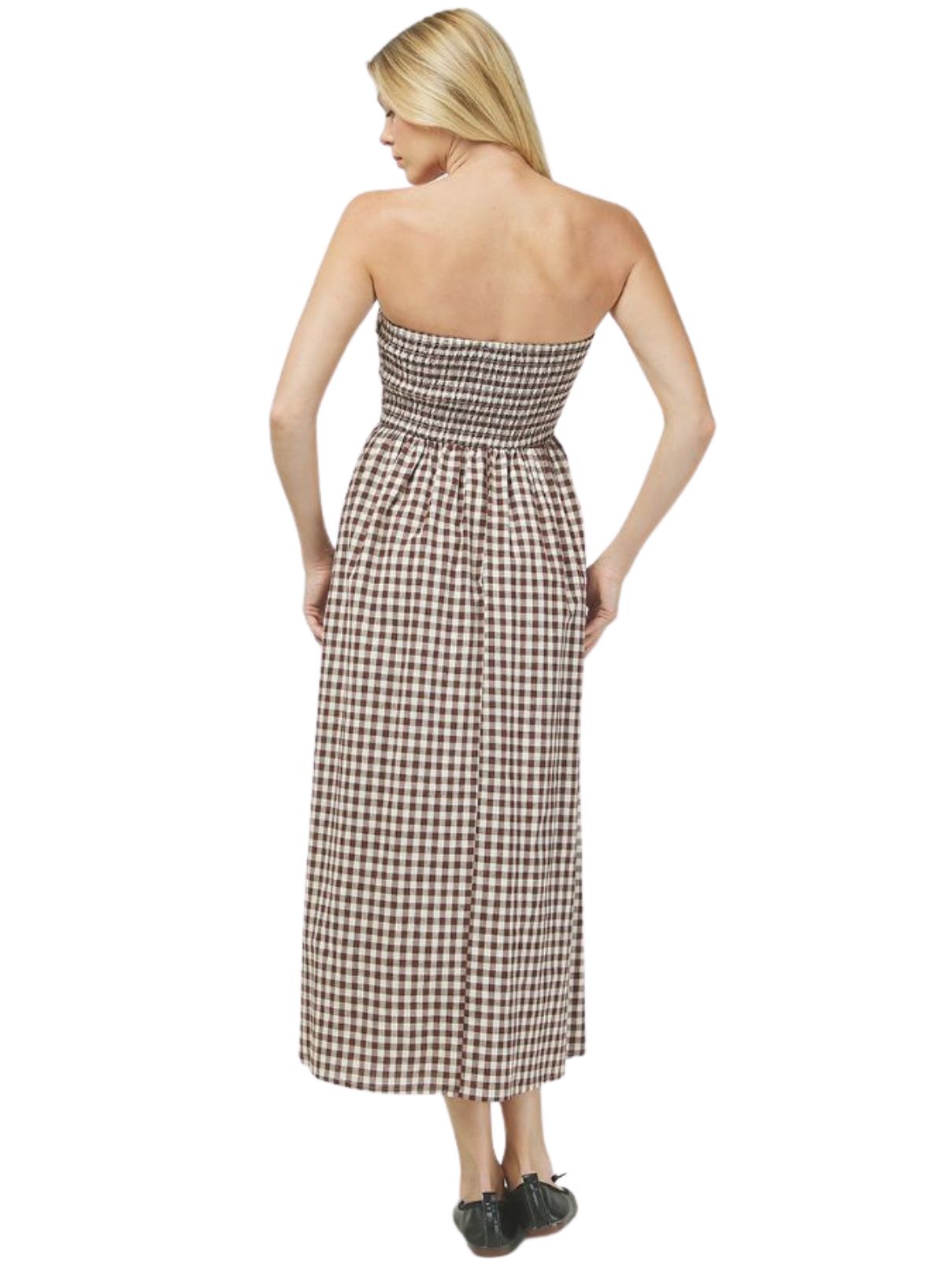 Gingham Tube Maxi Dress in Brown