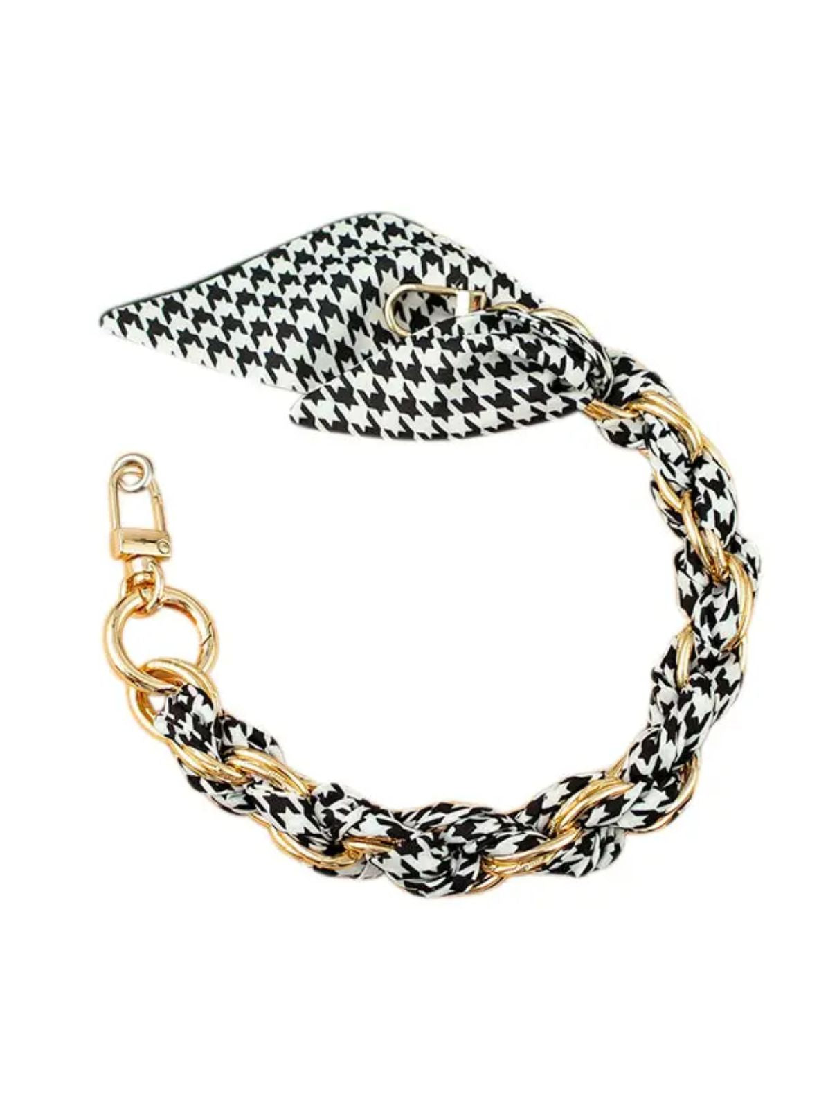 Gold Purse Charm & Phone Chain with Scarf – Black & White Houndstooth